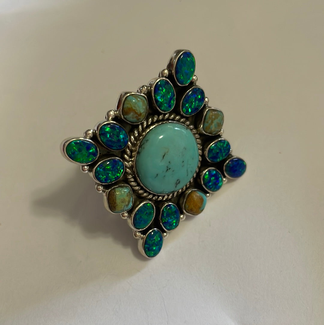 Nizhoni Handmade Fire Opal, Turquoise And Sterling Silver Adjustable Ring