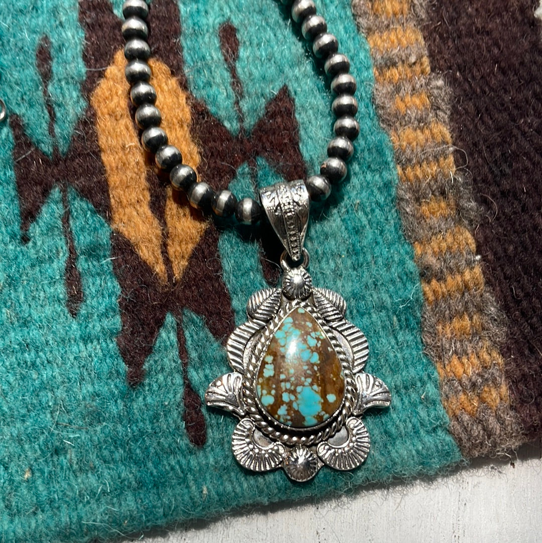 Handmade Sterling Silver & Number 8 Turquoise Pendant Signed Nizhoni