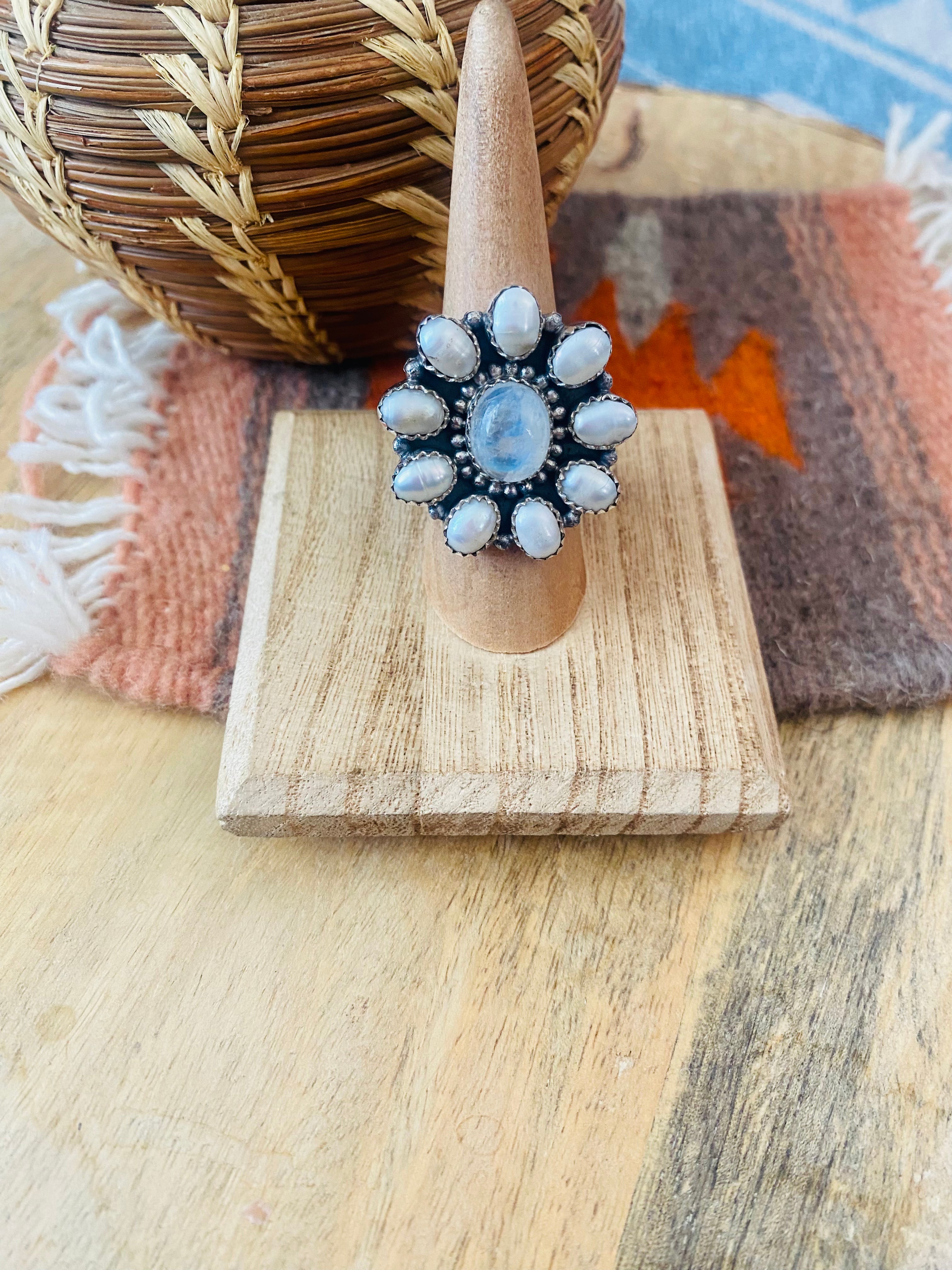 Handmade Sterling Silver, Pearl & Moon Stone Adjustable Ring