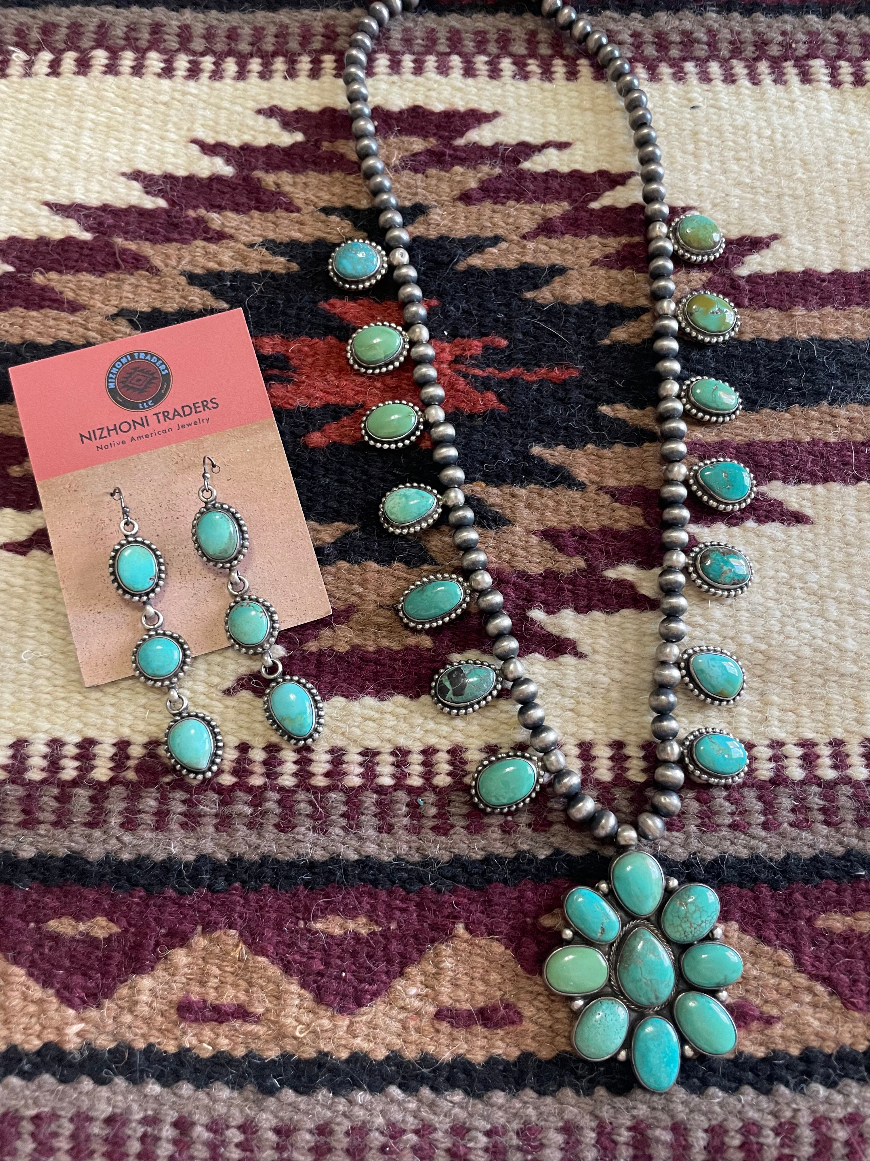 “The Rainstorm” Beautiful Navajo Sterling Silver Turquoise Necklace & Earring Set