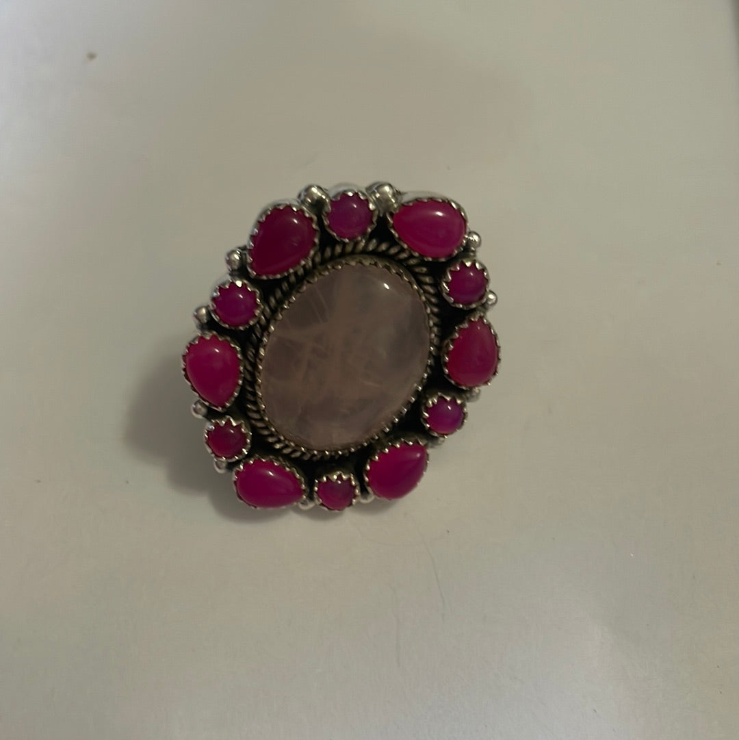 Nizhoni Handmade Rose Quartz, Pink Onyx And Sterling Silver Adjustable Ring