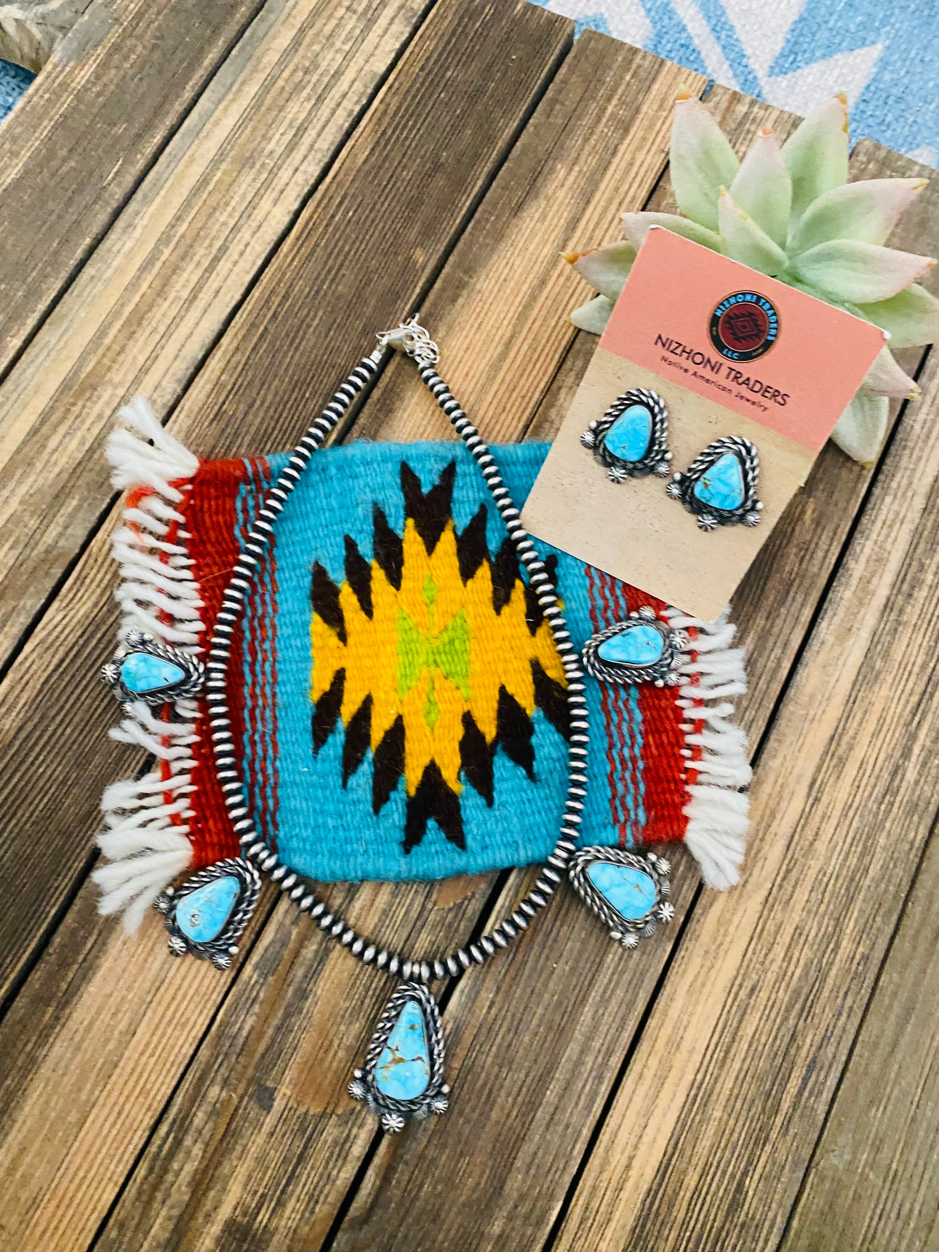 Navajo Sterling Silver & Turquoise Necklace Set by Eli Skeets