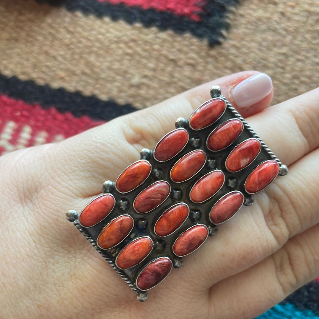 Navajo Sterling Silver & Red Spiny Cluster Ring Size 8.5 Signed Jacquline Silver