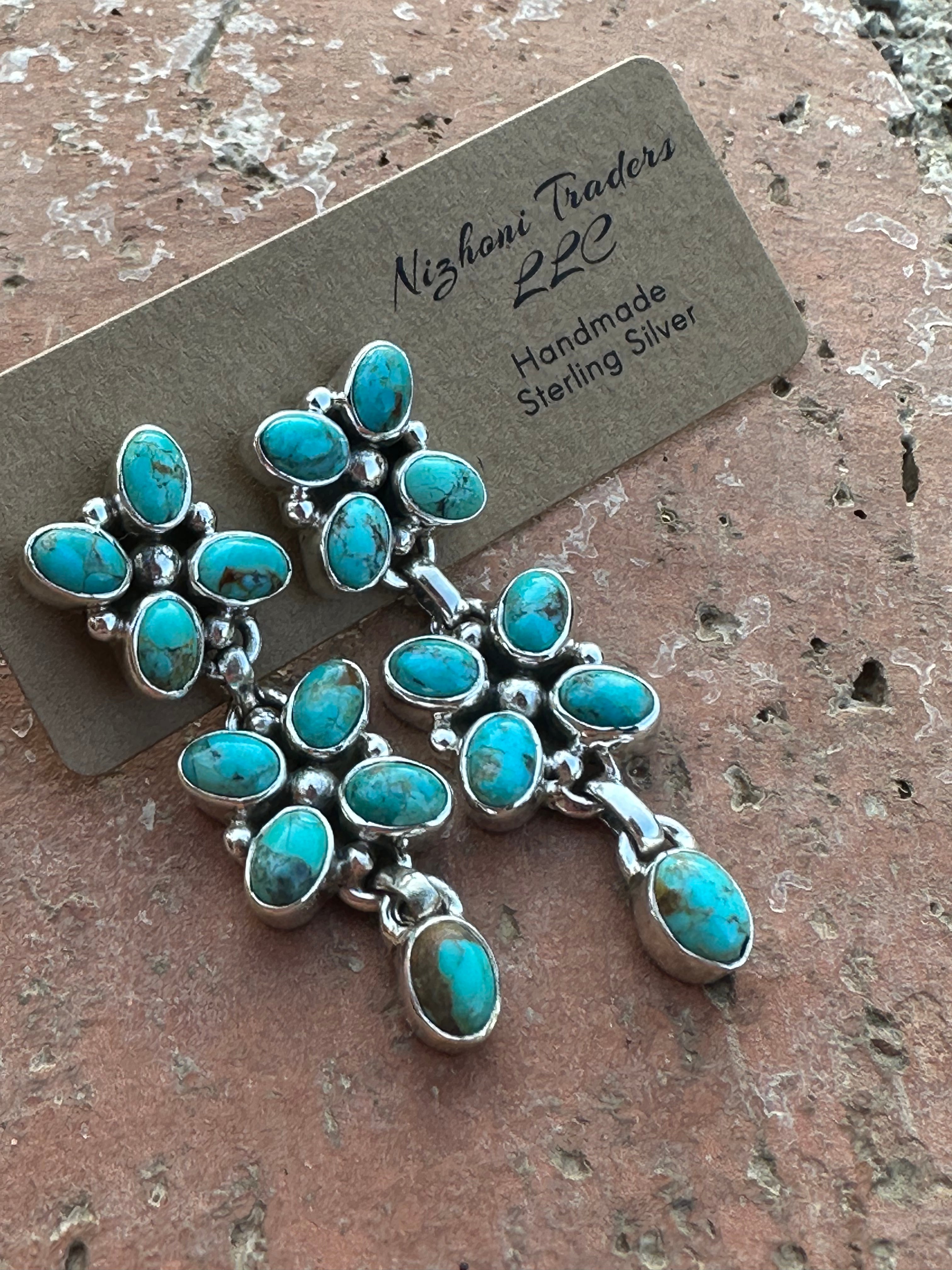 Handmade Flower Royston Turquoise and Silver Silver Drop Dangles