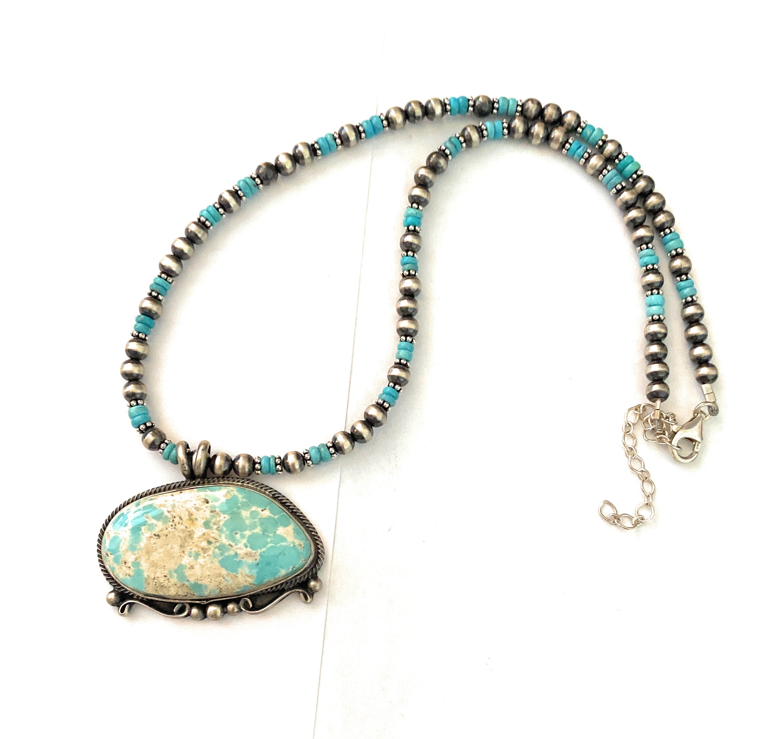 Navajo Sterling Silver & Carico Lake Turquoise Beaded Necklace