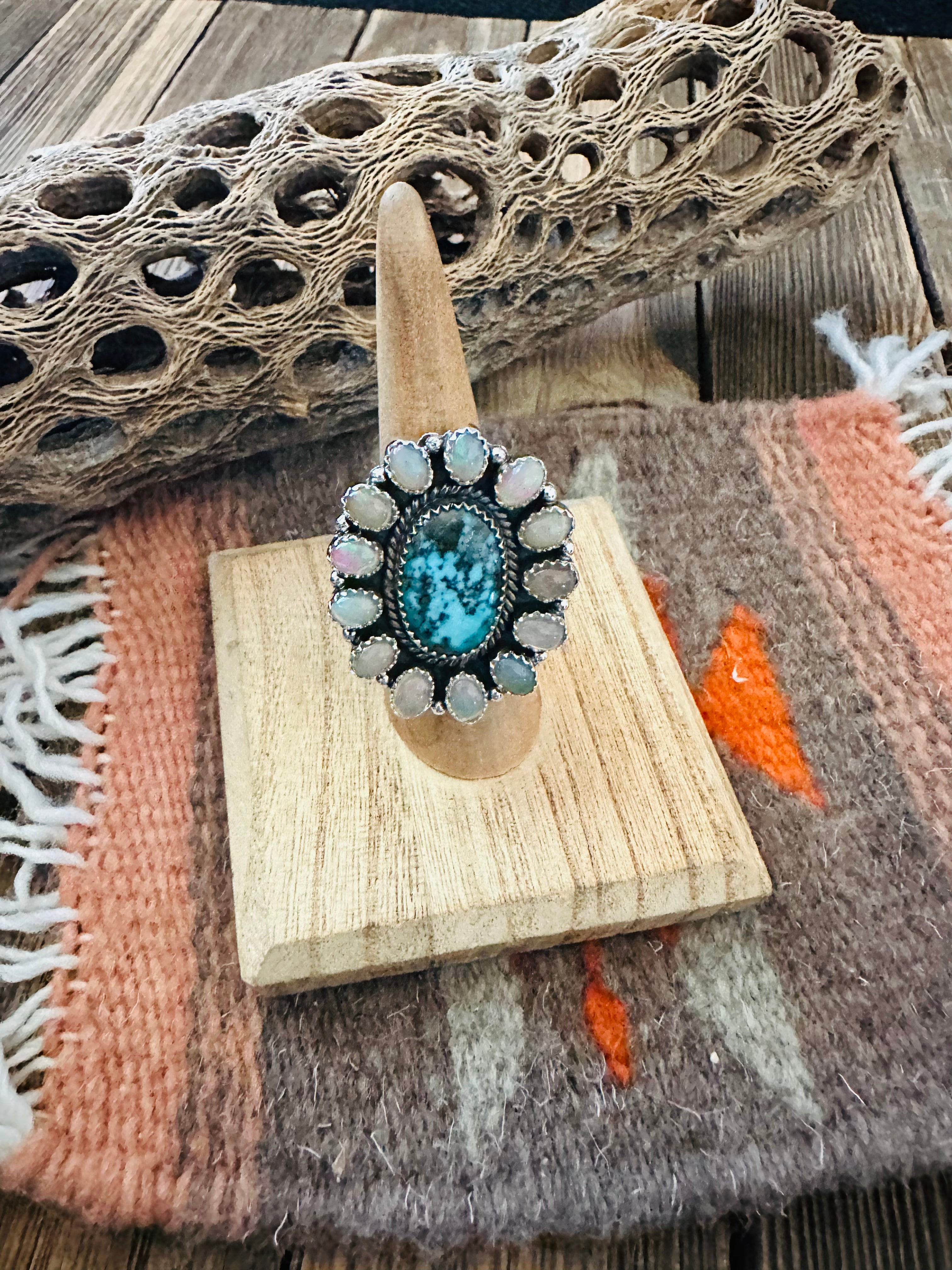 Handmade Sterling Silver Turquoise & Opal Cluster Adjustable Ring