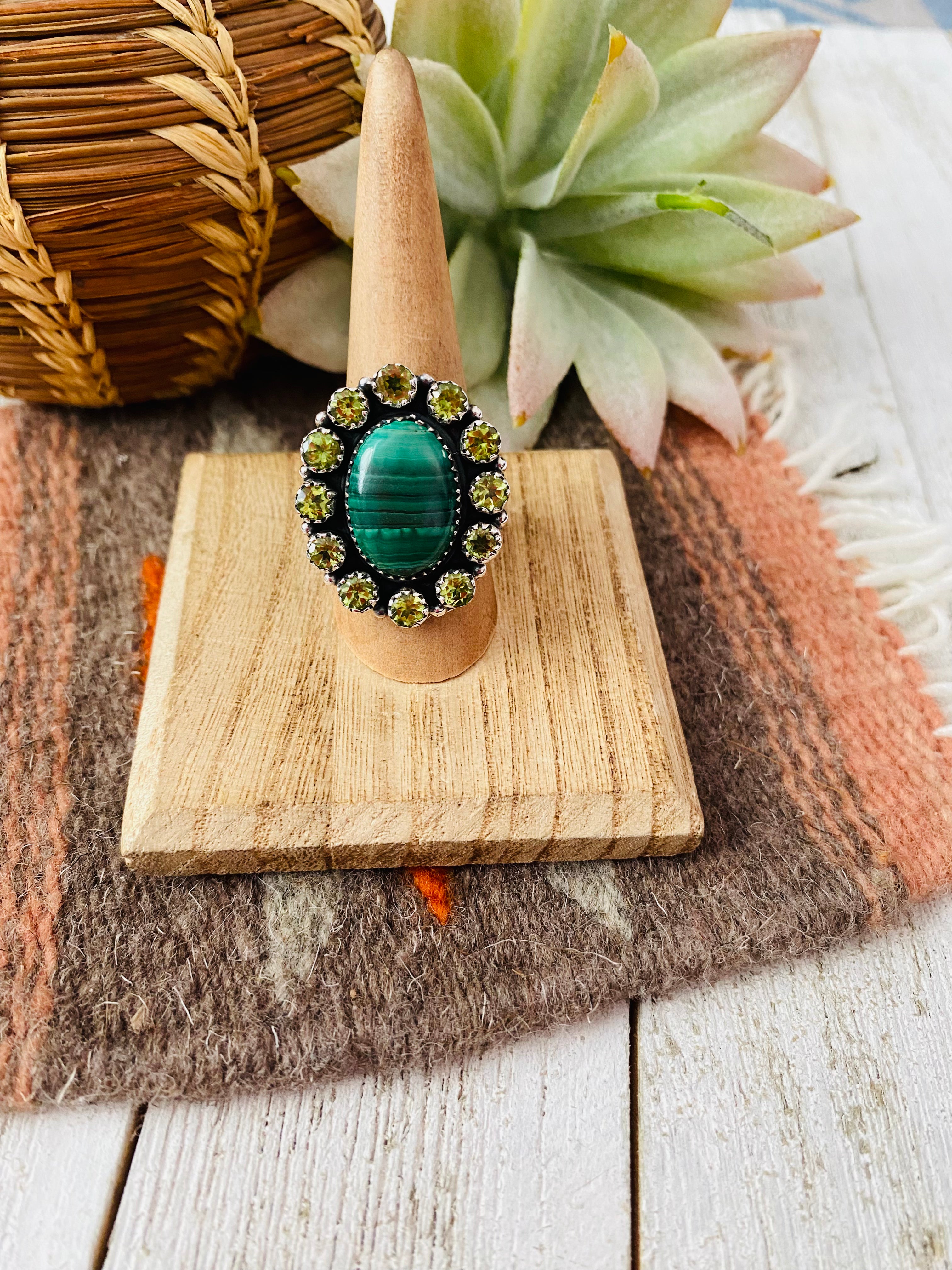 Handmade Sterling Silver, Malachite & Peridot Cluster Adjustable Ring