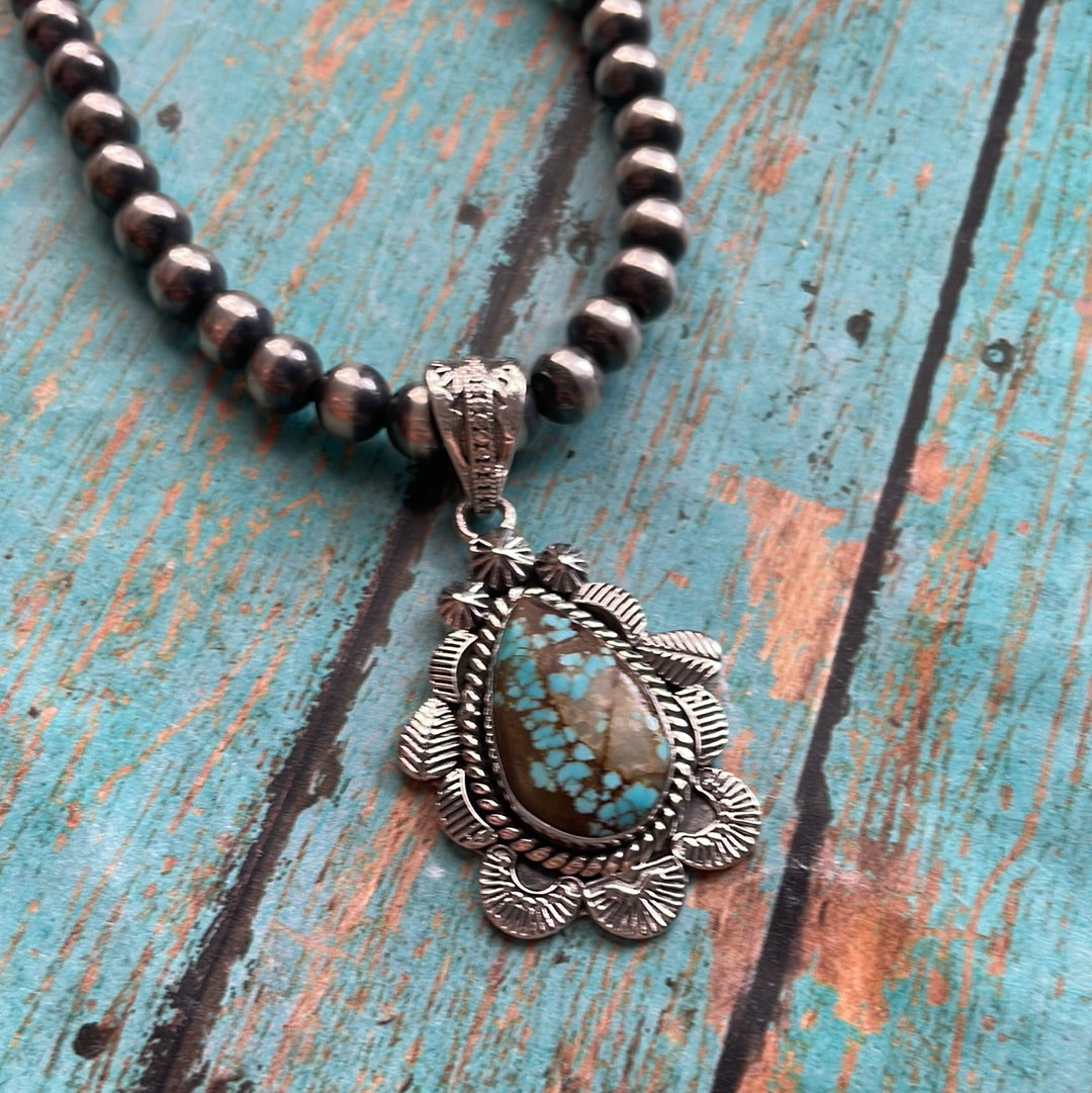 Handmade Sterling Silver & Number 8 Turquoise Pendant Signed Nizhoni