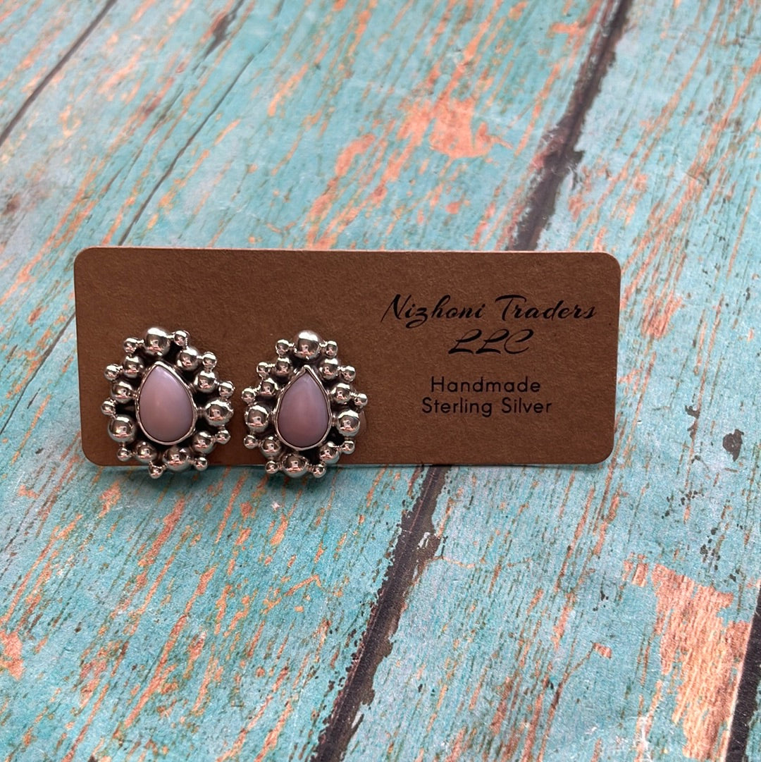 Handmade Pink Conch and Sterling Silver Tear Drop Stud Earrings Signed Nizhoni