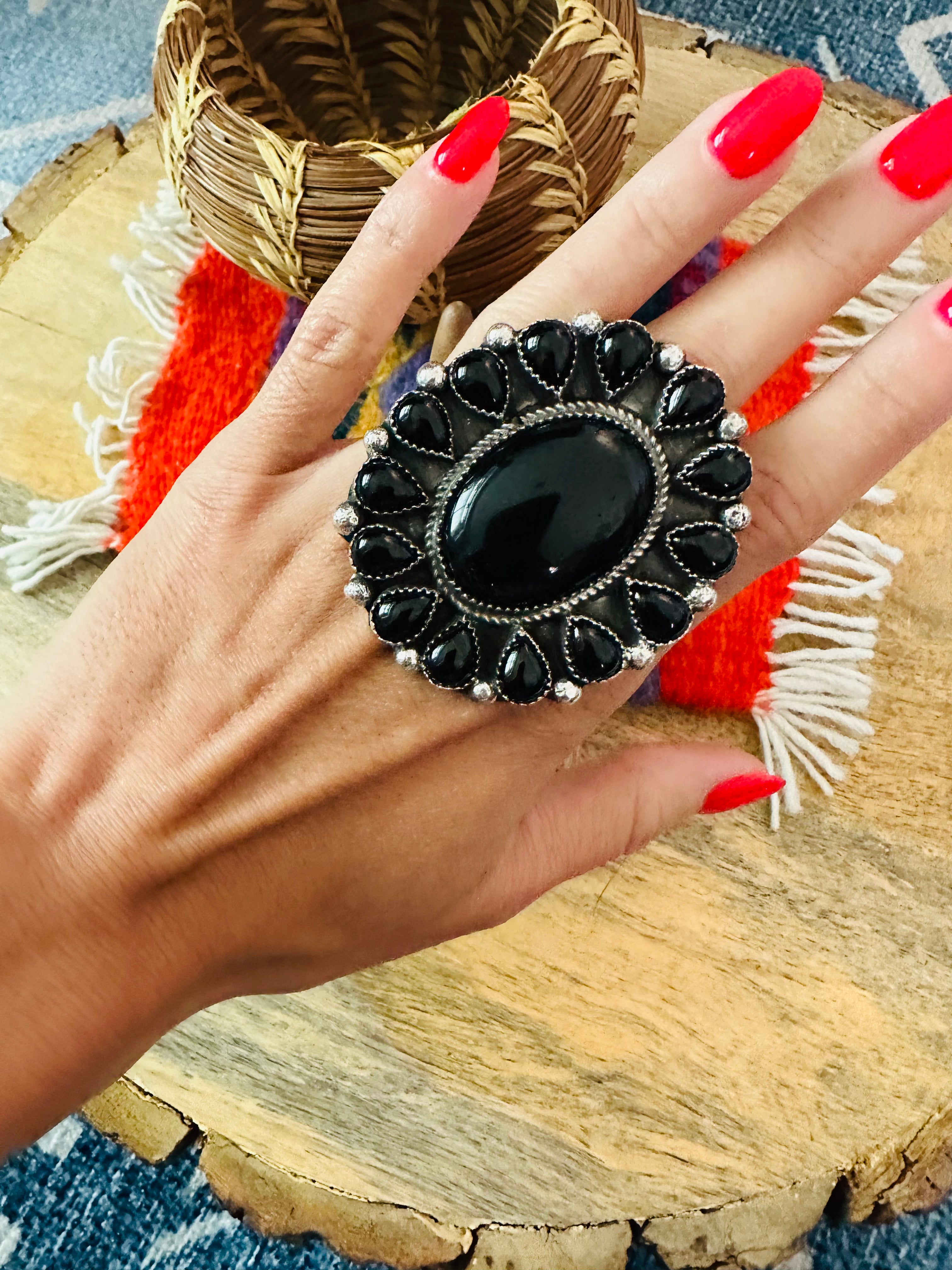 Navajo Sterling Silver & Black Onyx Cluster Adjustable Ring