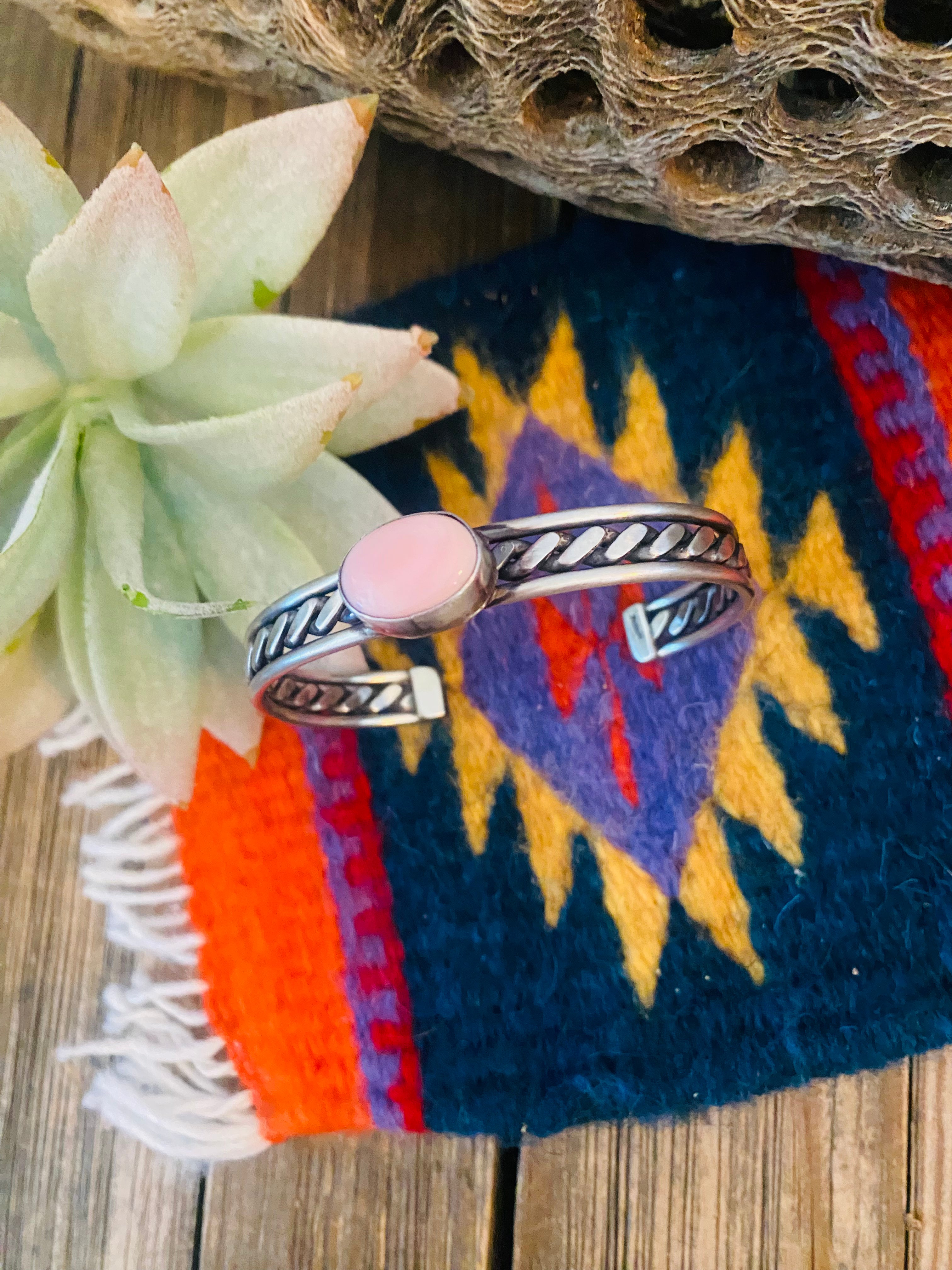 Navajo Queen Pink Conch Shell & Sterling Silver Cuff Bracelet