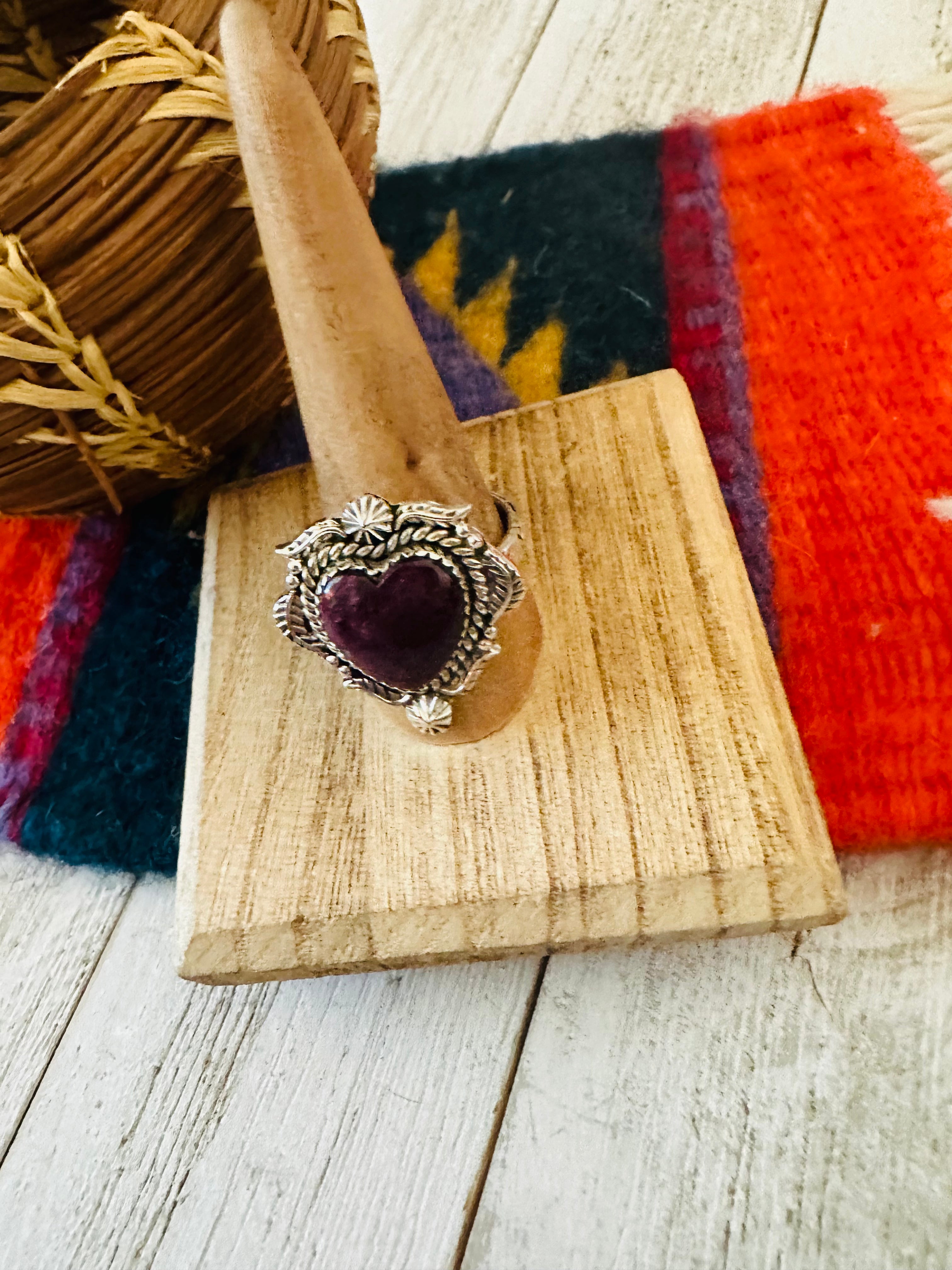 Handmade Sterling Silver & Purple Spiny Heart Adjustable Ring