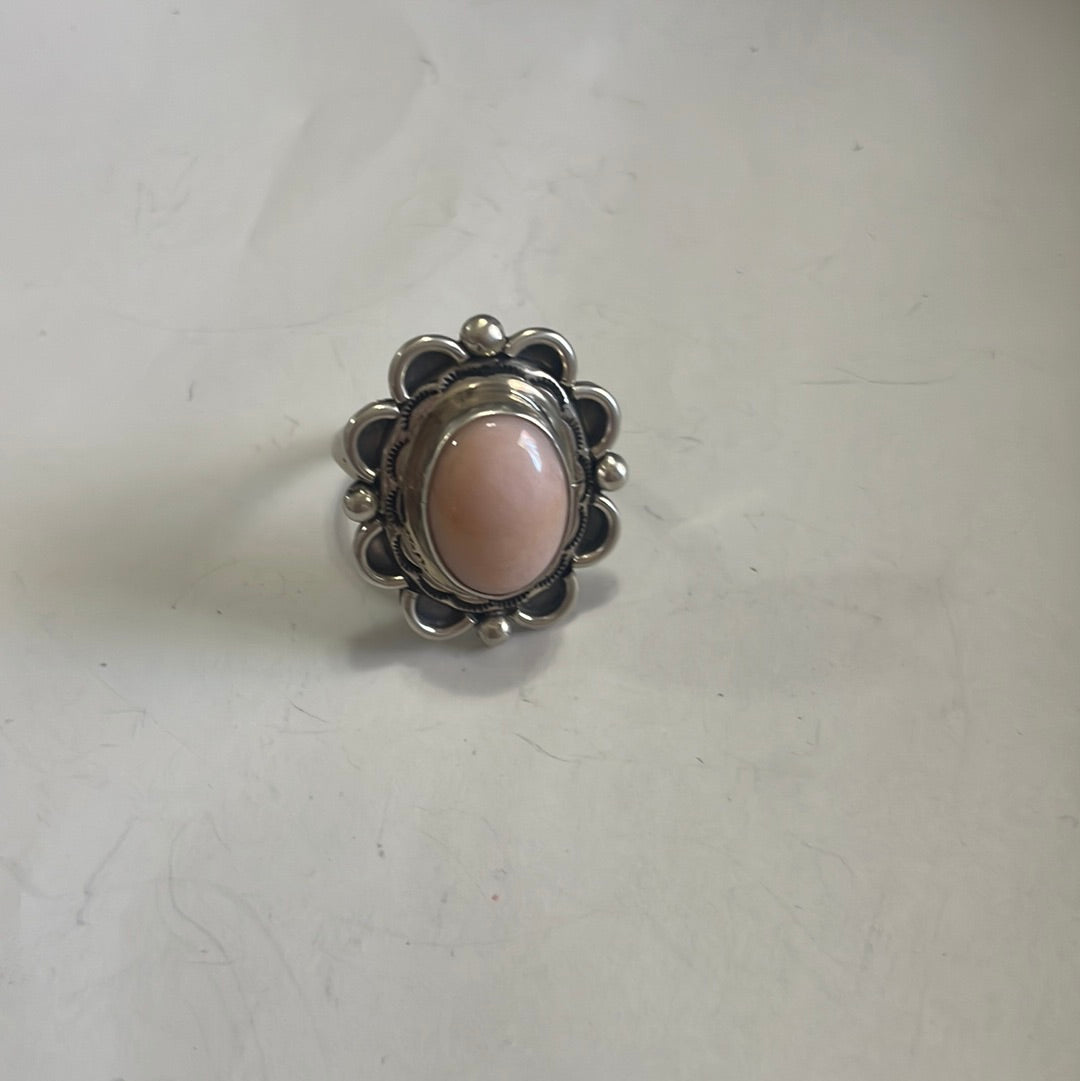 Gorgeous Navajo Pink Peruvian Opal And Sterling Silver Adjustable Ring Signed