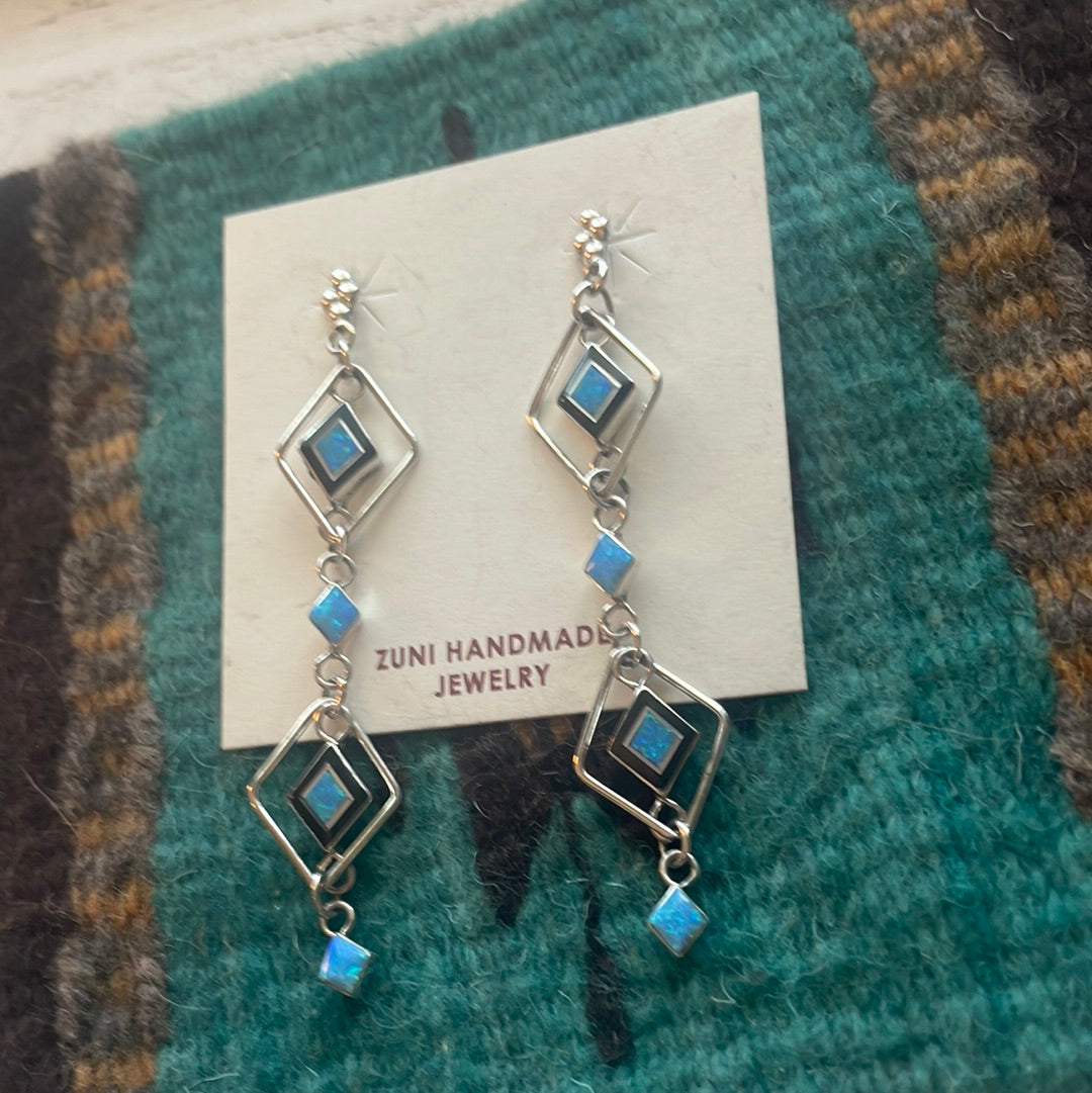 Zuni Sterling Silver & Blue Fire Opal Inlay Dangle Earrings