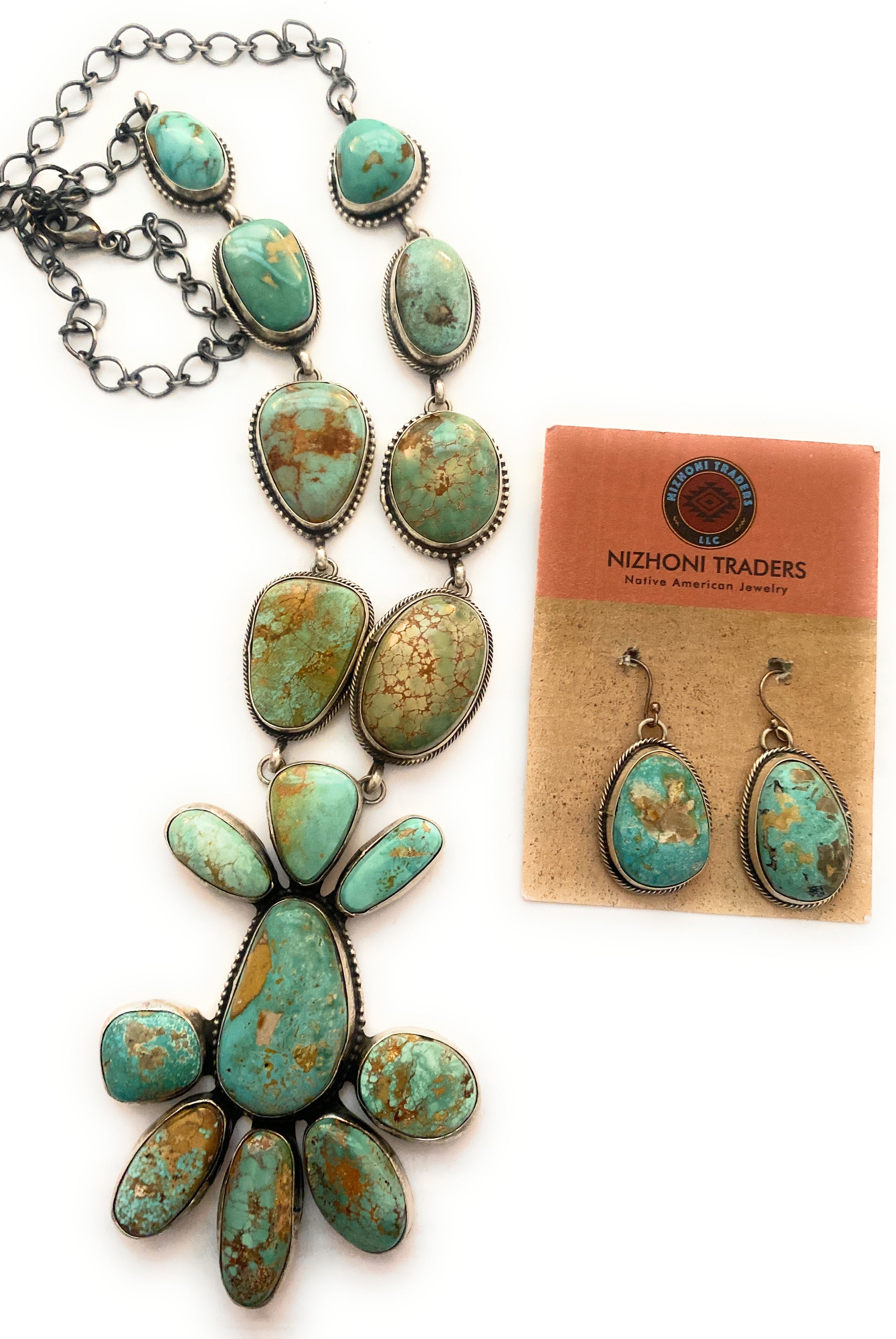 Stunning Navajo Carico Lake Turquoise & Sterling Silver Necklace Set