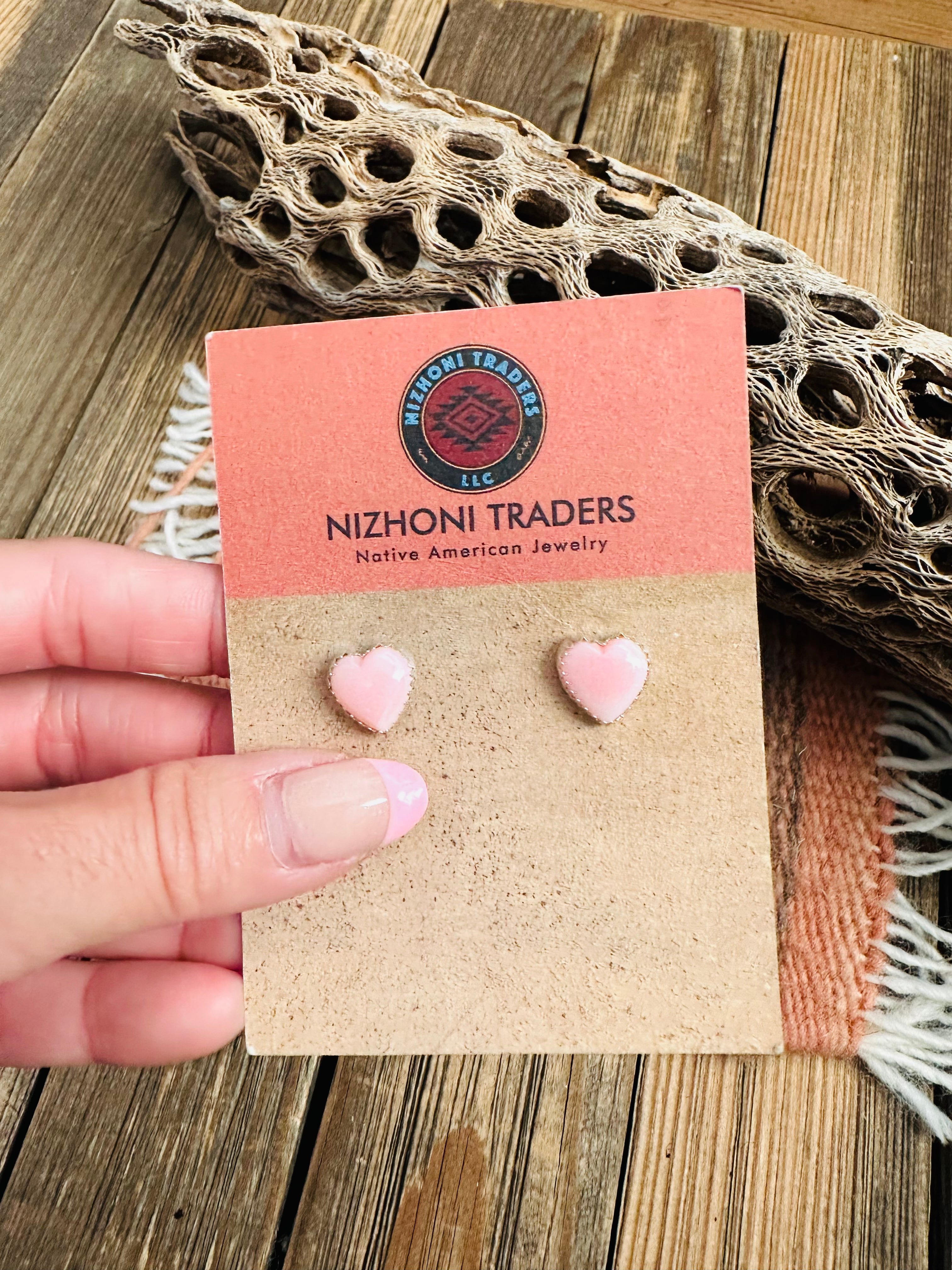 Navajo Queen Pink Conch & Sterling Silver Heart Stud Earrings