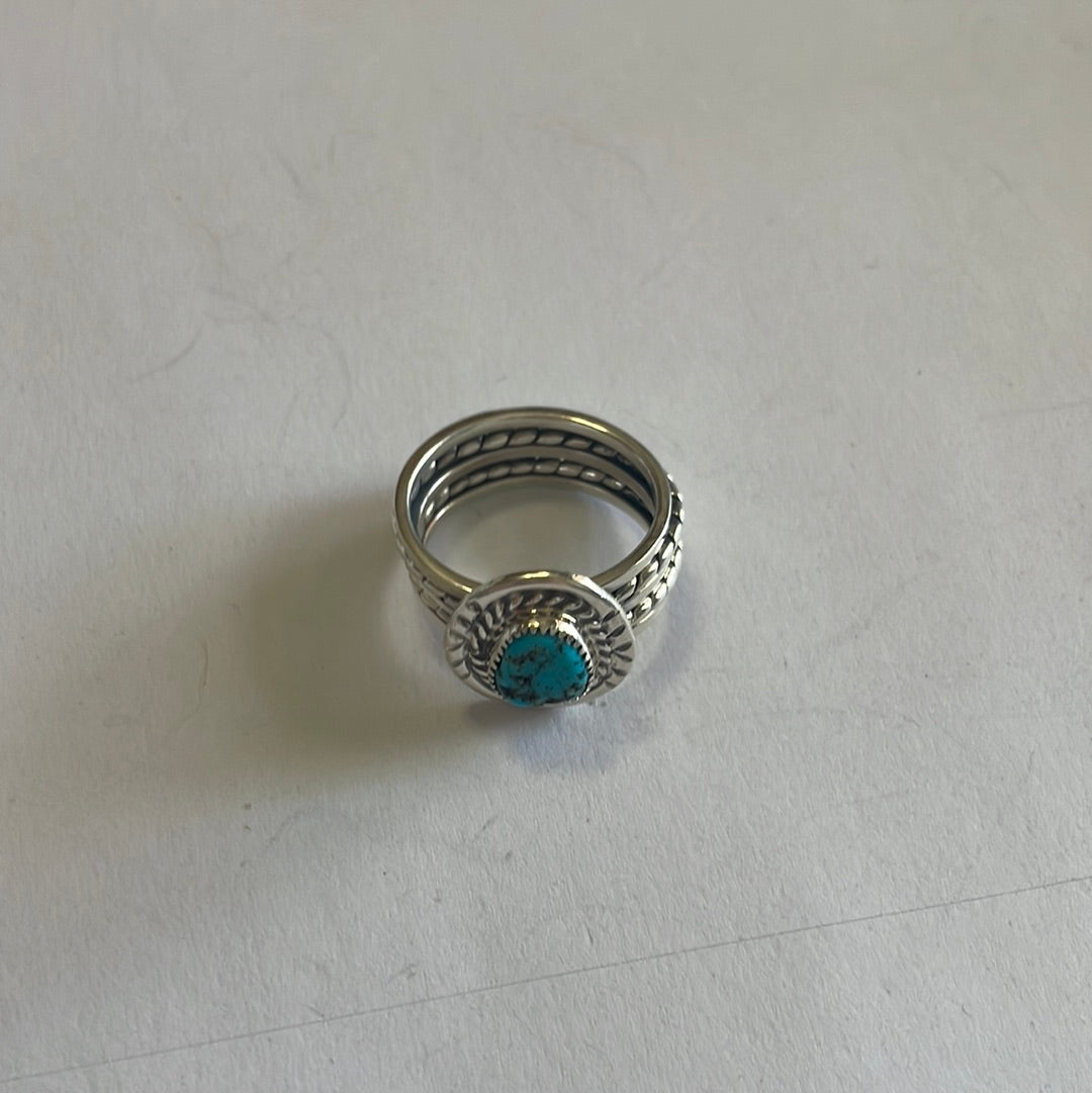 Navajo Sterling Silver Kingman Turquoise 2 Braid Band Ring