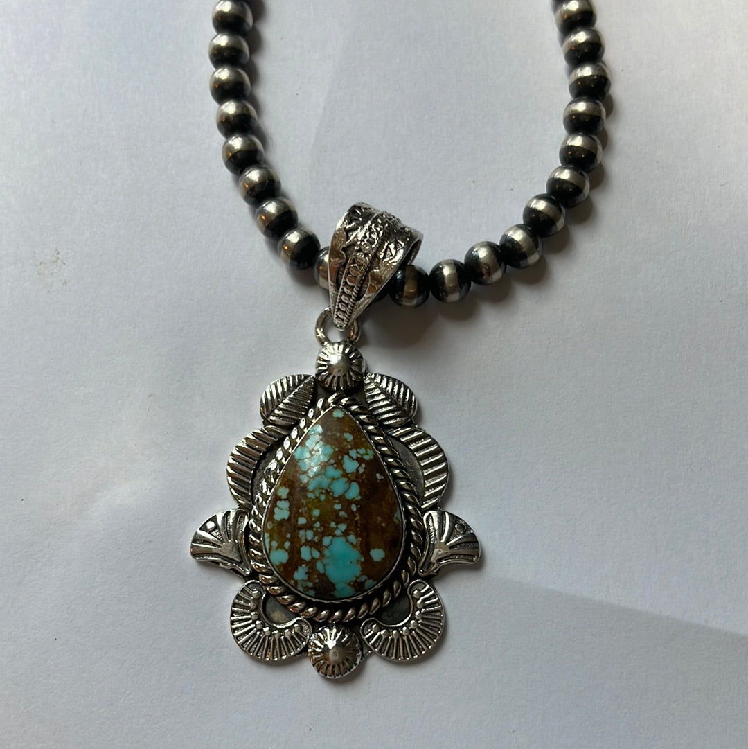 Handmade Sterling Silver & Number 8 Turquoise Pendant Signed Nizhoni