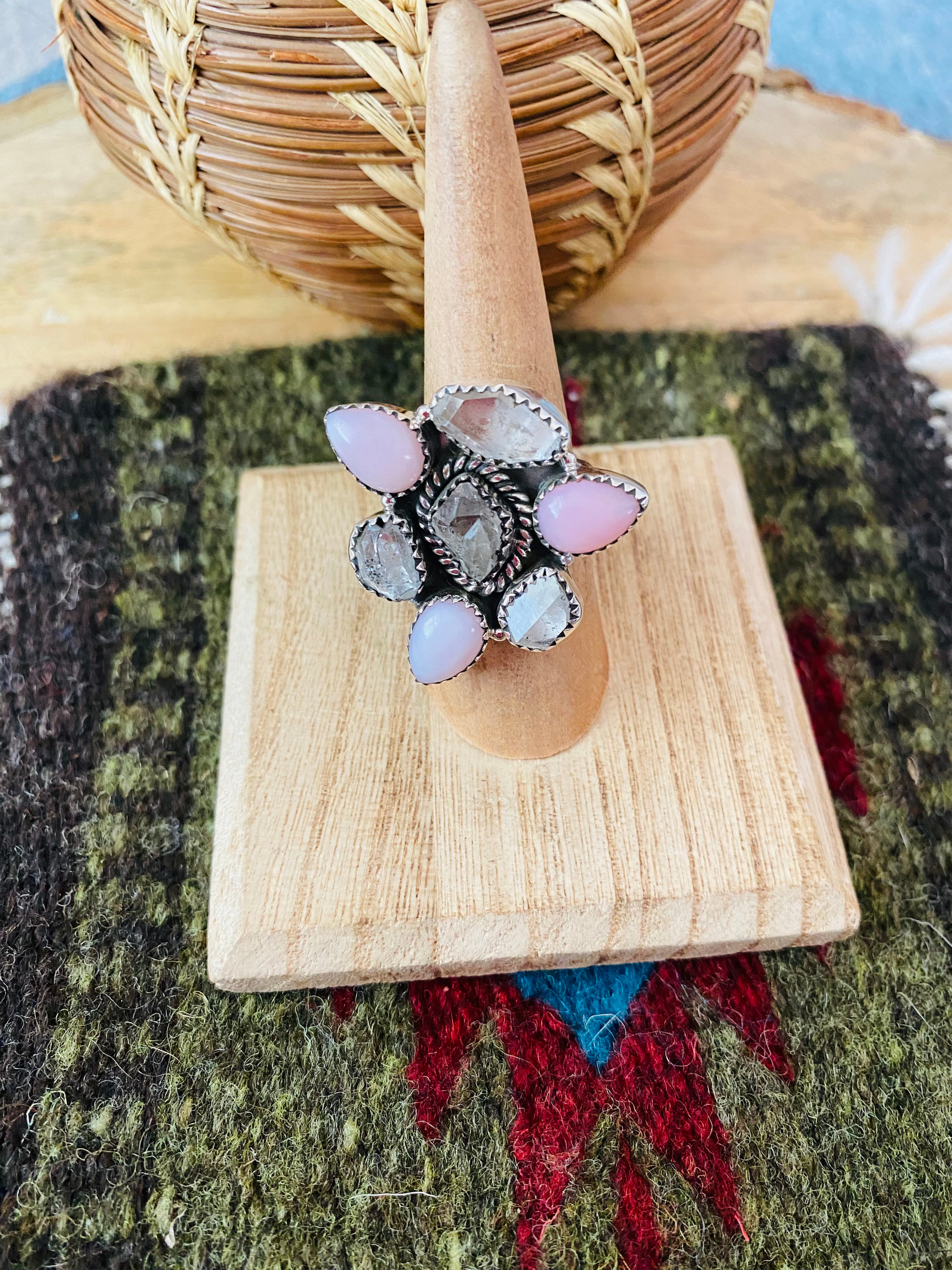 Handmade Sterling Silver, Herkimer Diamond & Queen Pink Conch She’ll Cluster Adjustable Ring