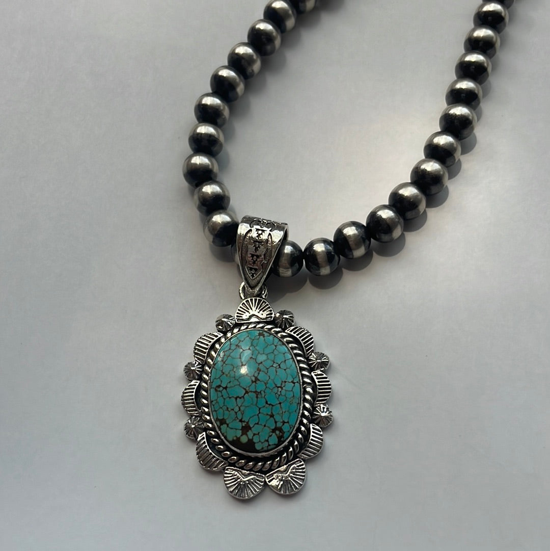 Handmade Sterling Silver & Number 8 Turquoise Pendant Signed Nizhoni