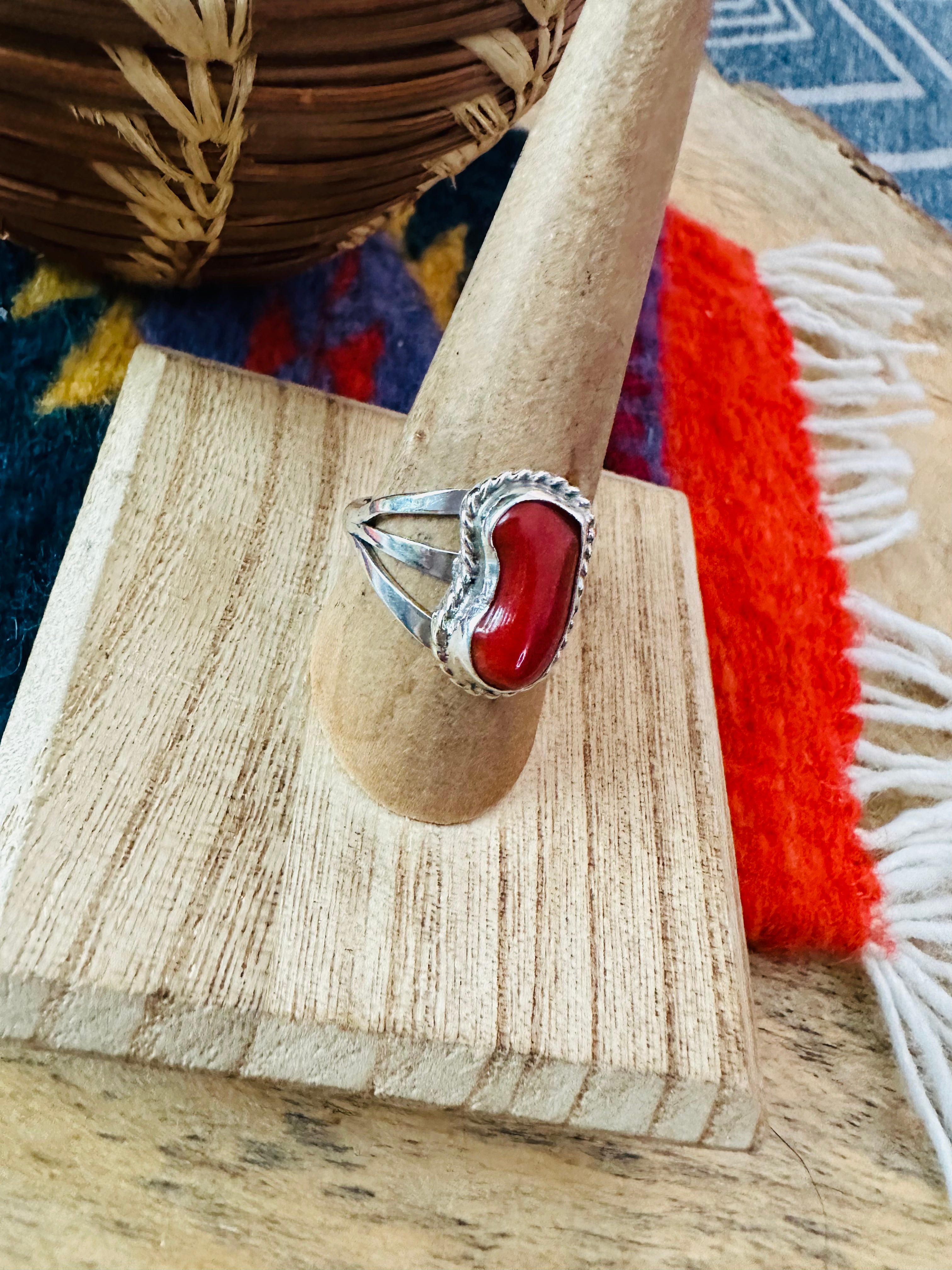 Navajo Red Coral & Sterling Silver Ring