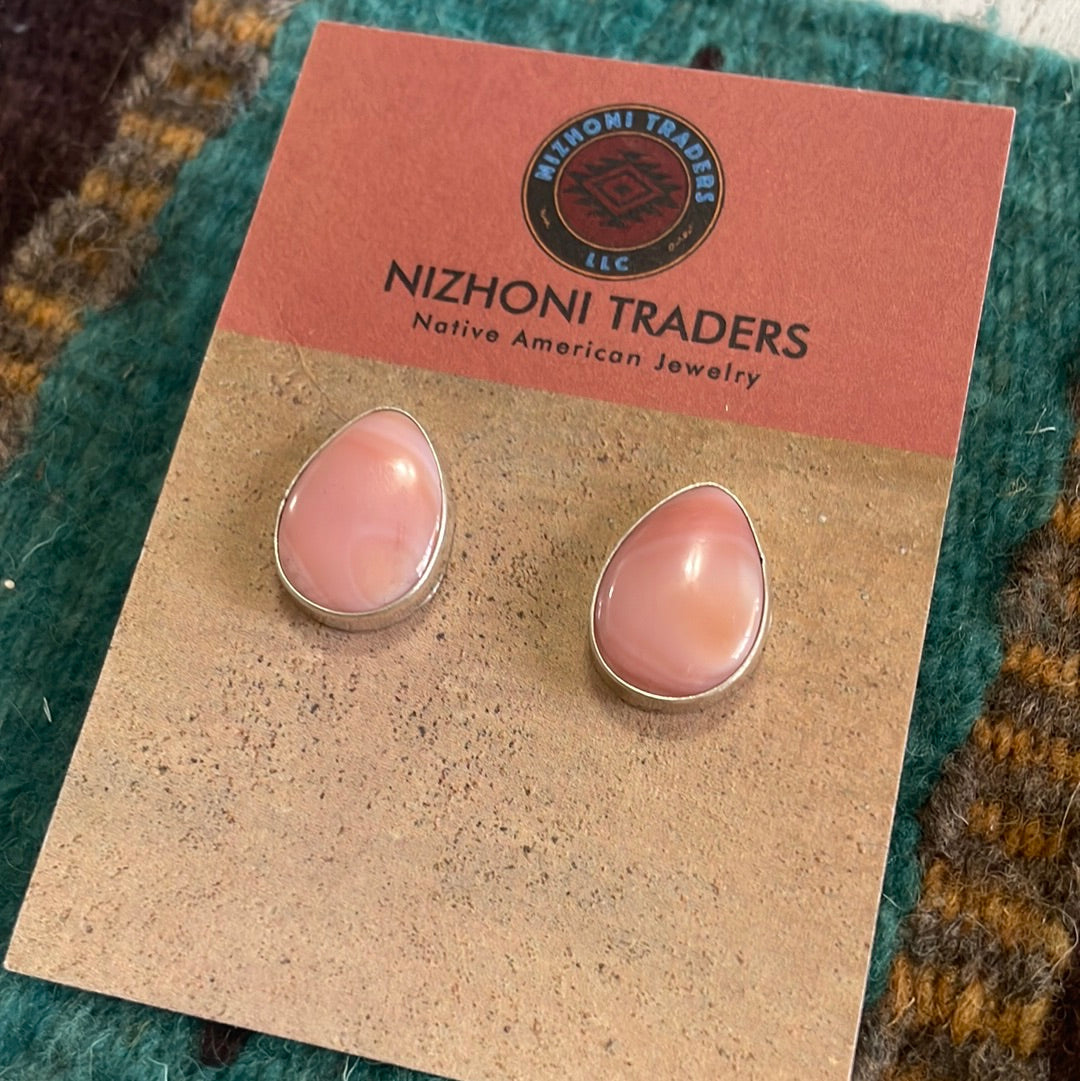 Navajo Sterling Silver &  Pink Conch Tear Drop Stud Earrings Signed