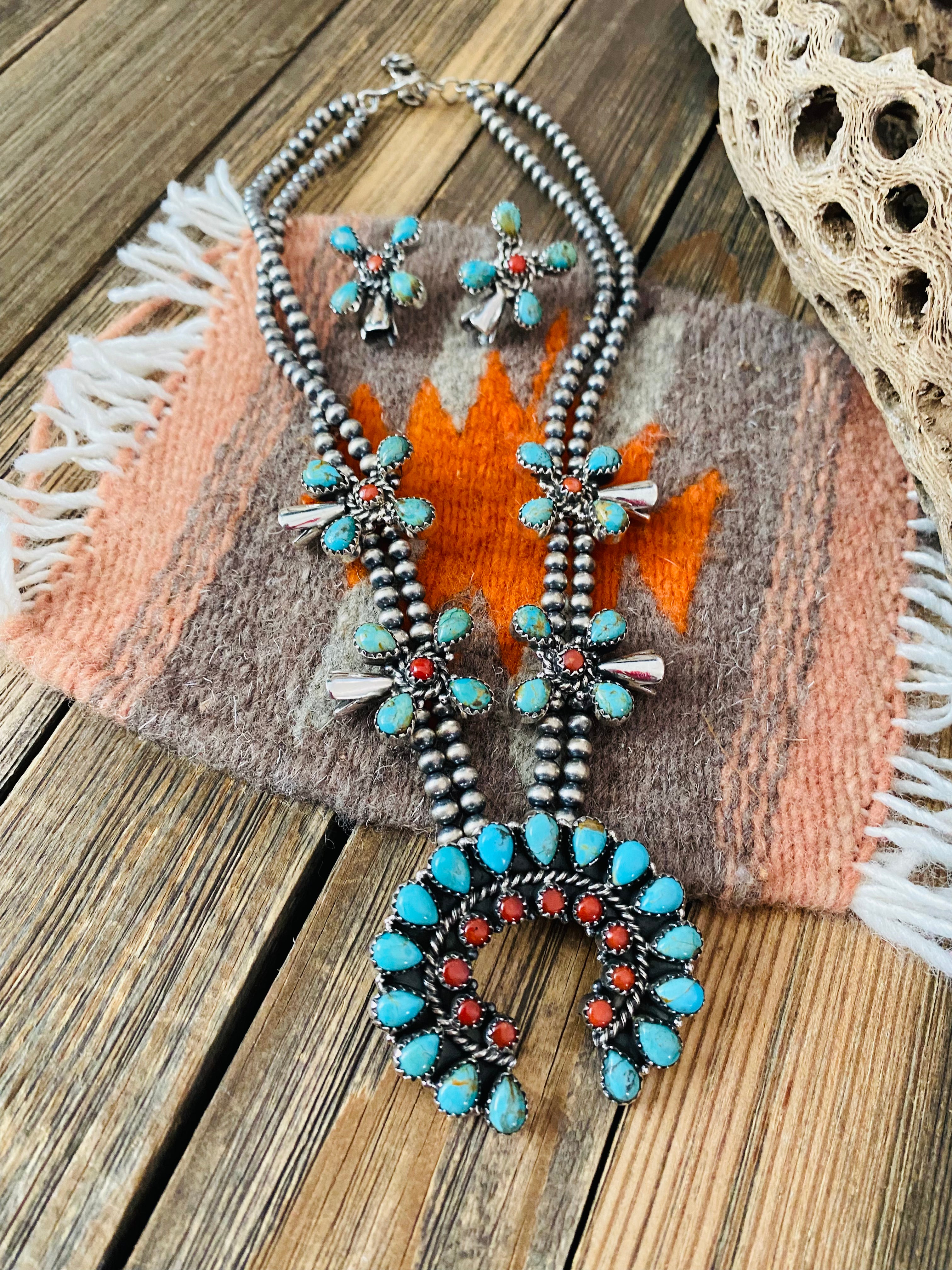 Turquoise and coral 2025 squash blossom necklace