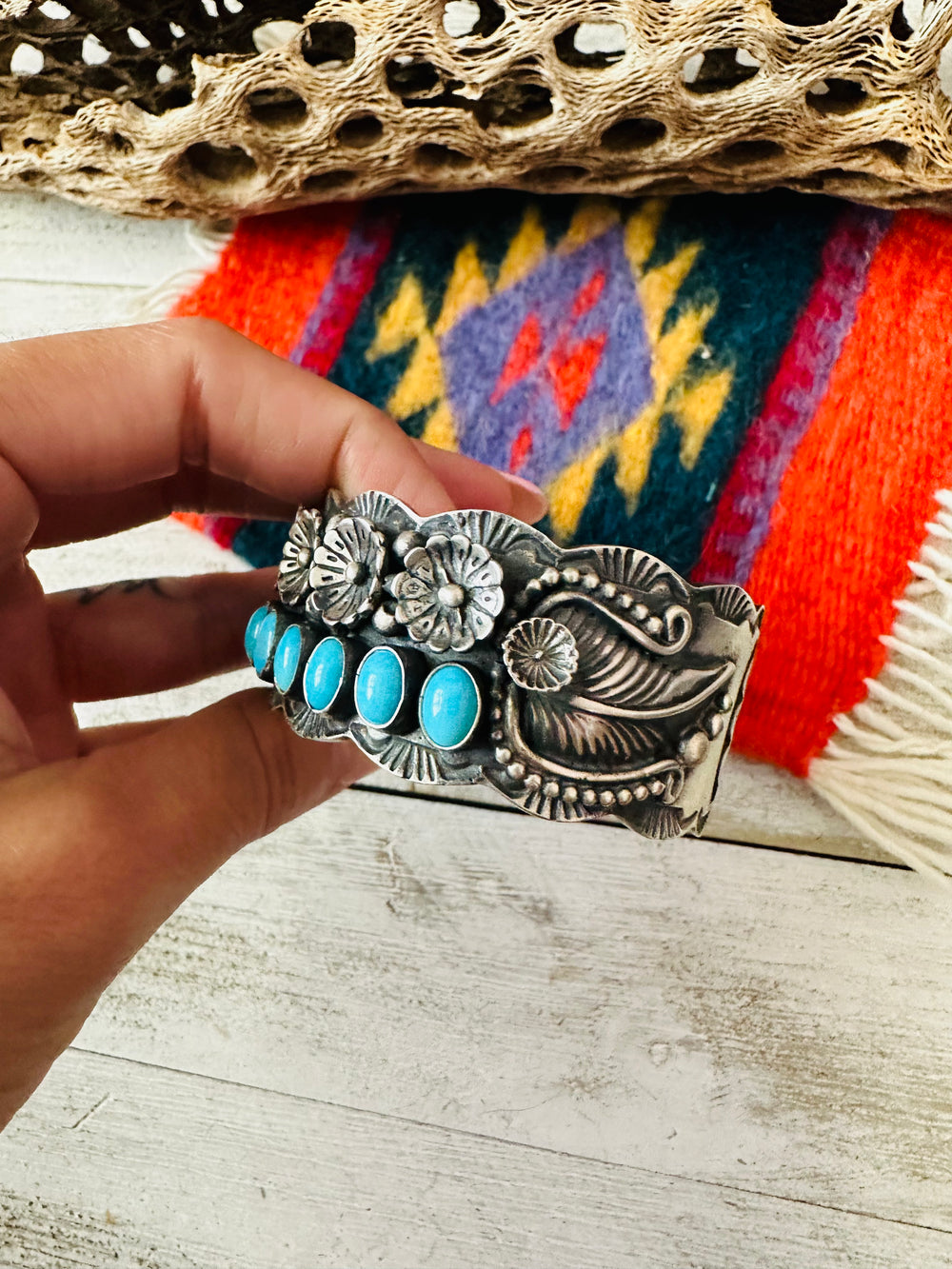 Navajo Turquoise & Sterling Silver Flower Cuff Bracelet /