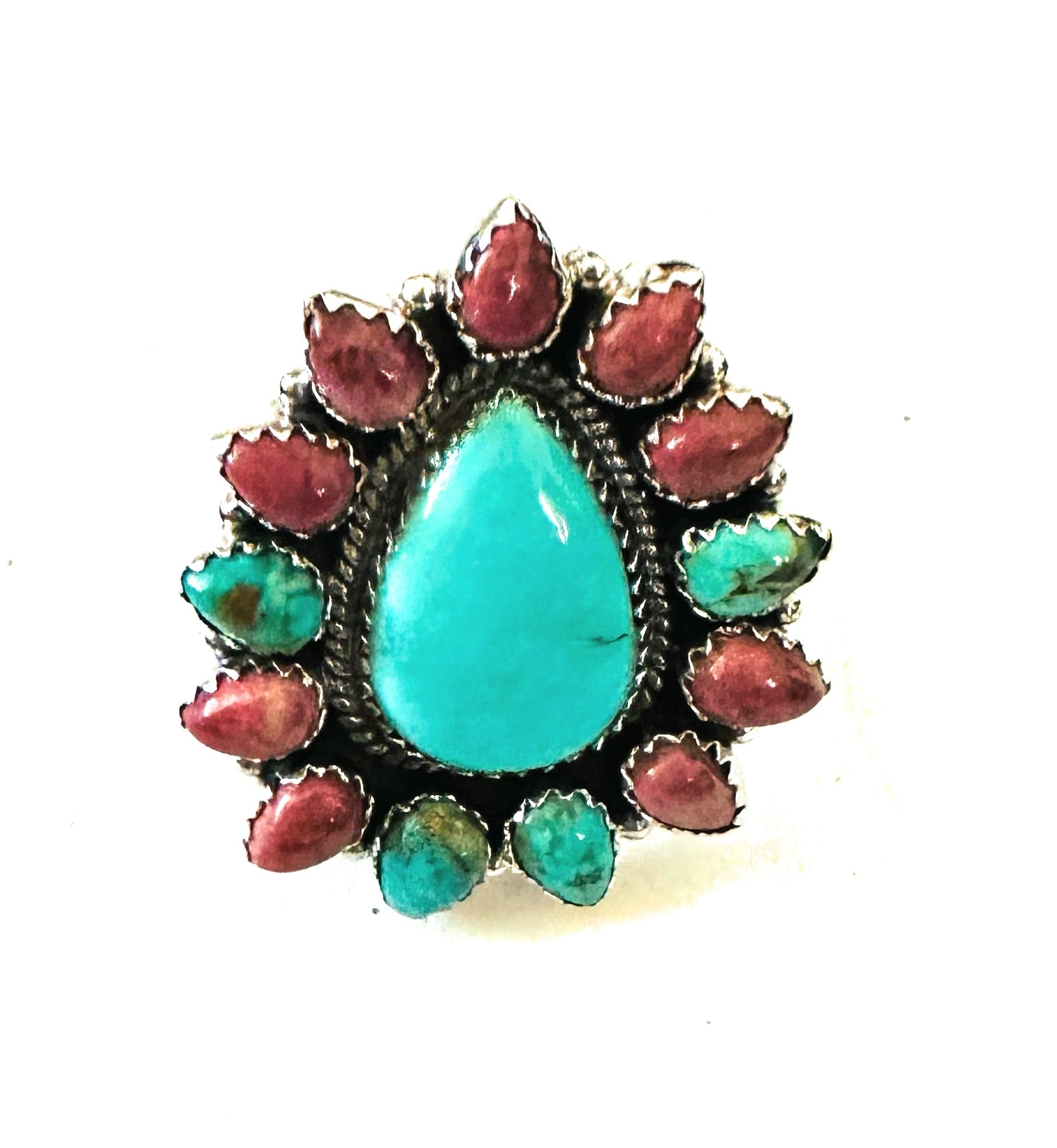 Handmade Sterling Silver, Turquoise & Rhodonite Cluster Adjustable Ring