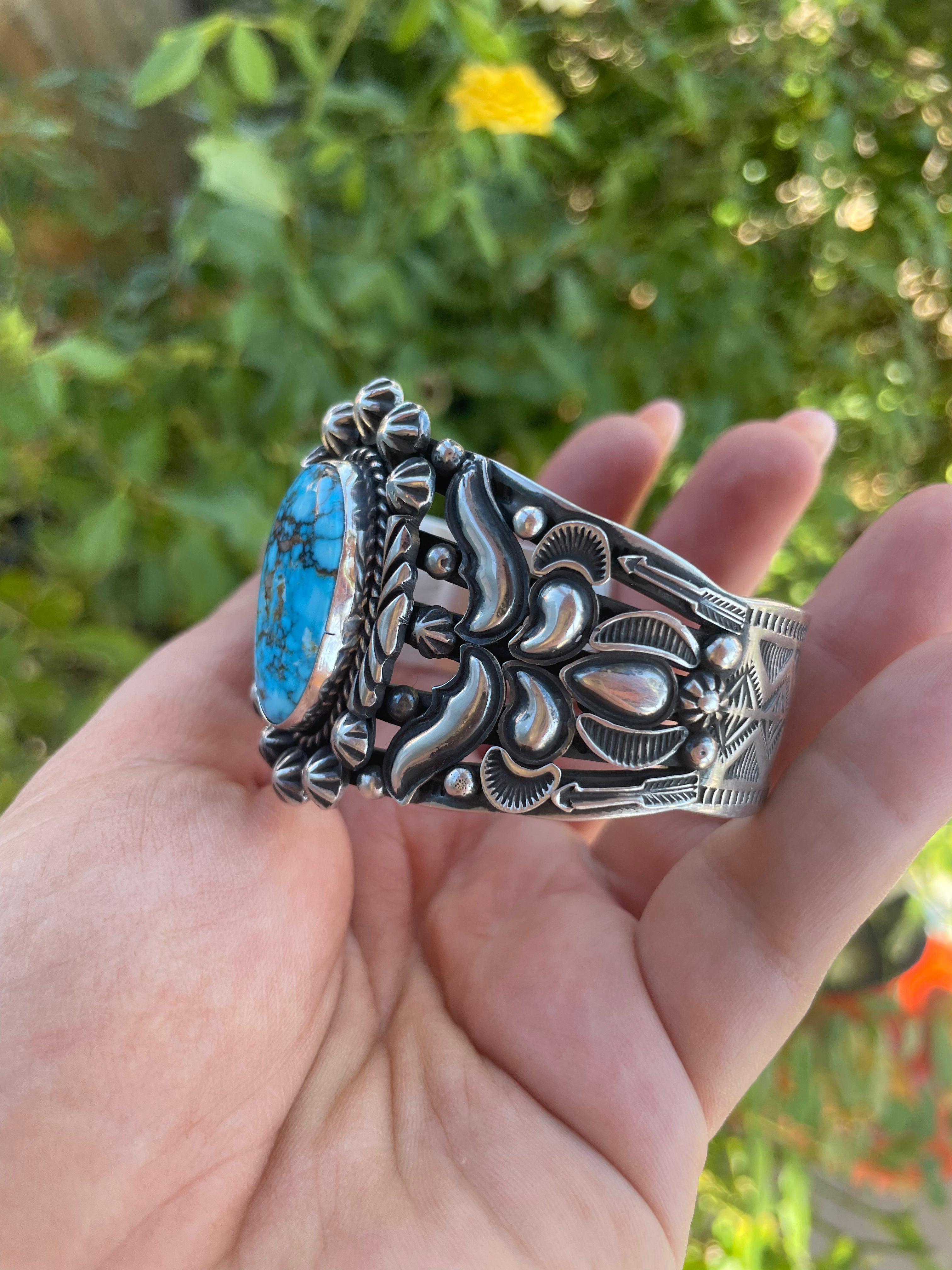 Navajo Turquoise Sterling Silver Cuff Bracelet Signed Rick Werito