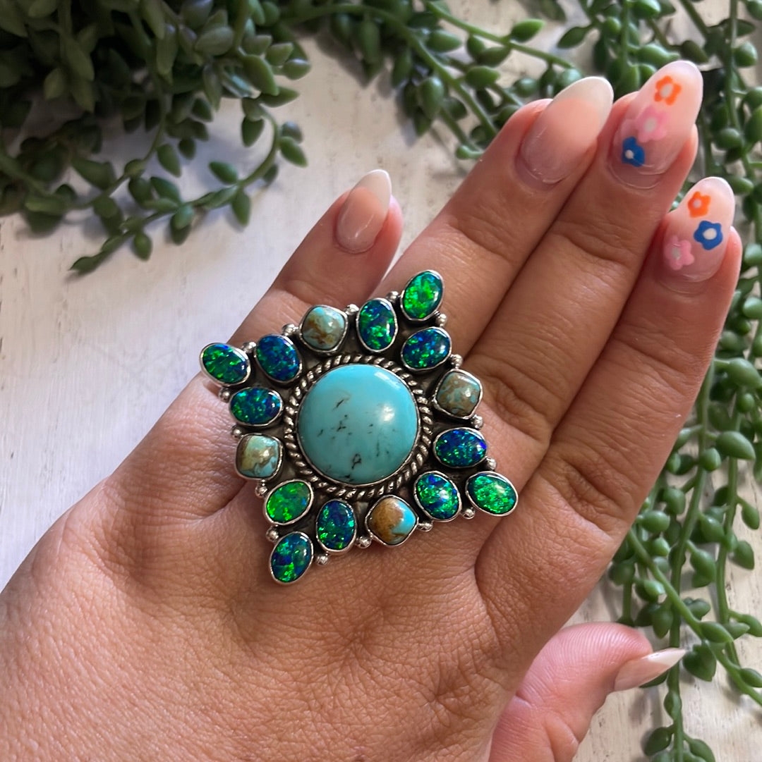 Nizhoni Handmade Fire Opal, Turquoise And Sterling Silver Adjustable Ring