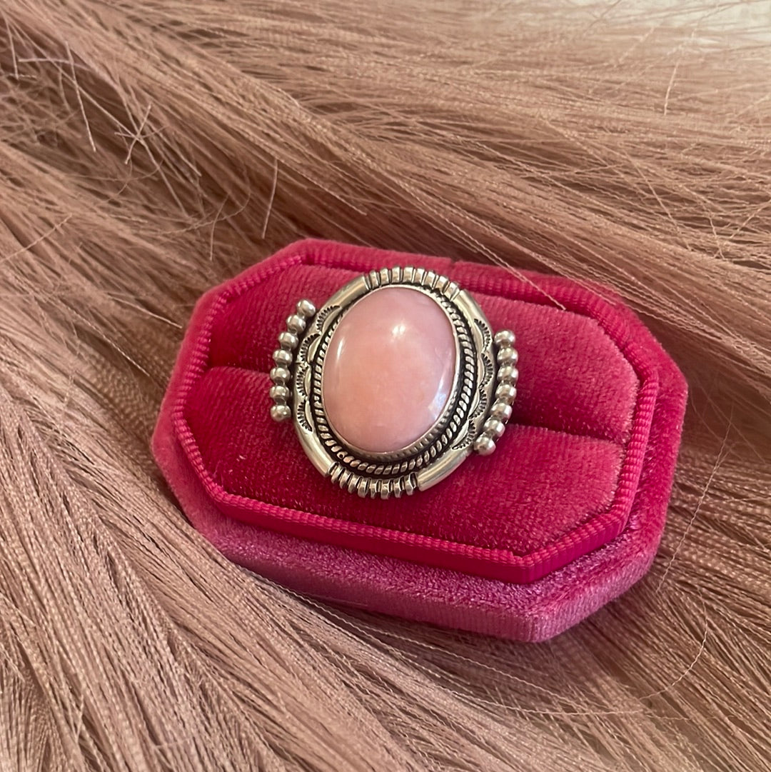 Gorgeous Navajo Pink Peruvian Opal And Sterling Silver Adjustable Ring