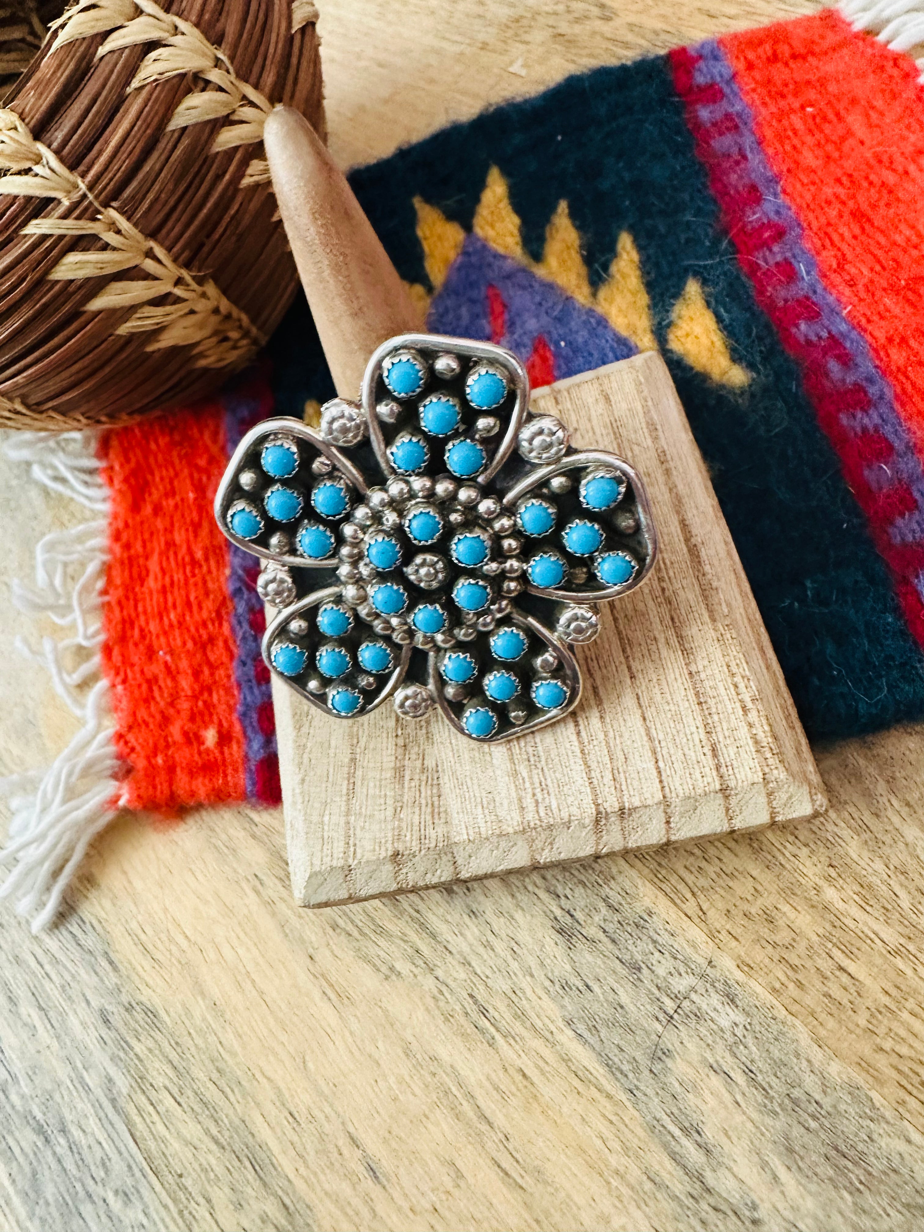 Navajo Turquoise & Sterling Silver Flower Adjustable Ring