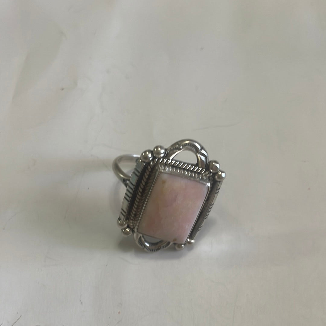 Gorgeous Navajo Pink Peruvian Opal And Sterling Silver Adjustable Ring