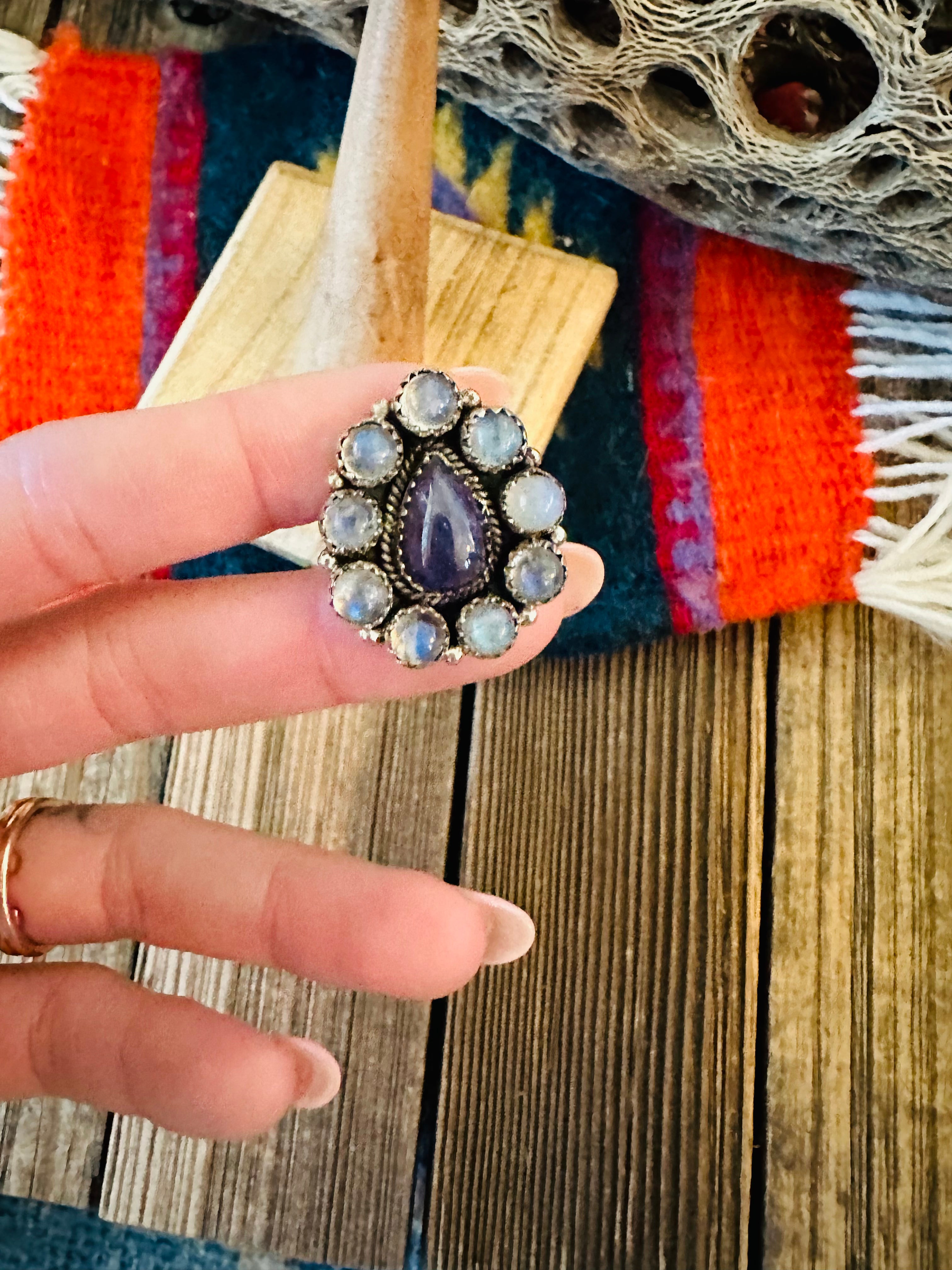 Handmade Sterling Silver & Moon Stone Cluster Adjustable Ring