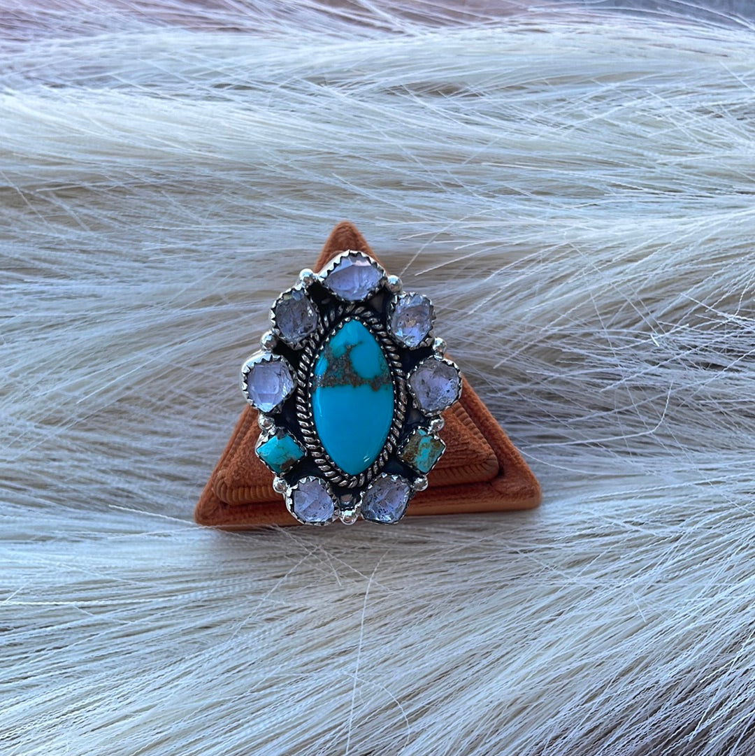 Handmade Sterling Silver, Turquoise & Herkimer Diamond Adjustable Ring