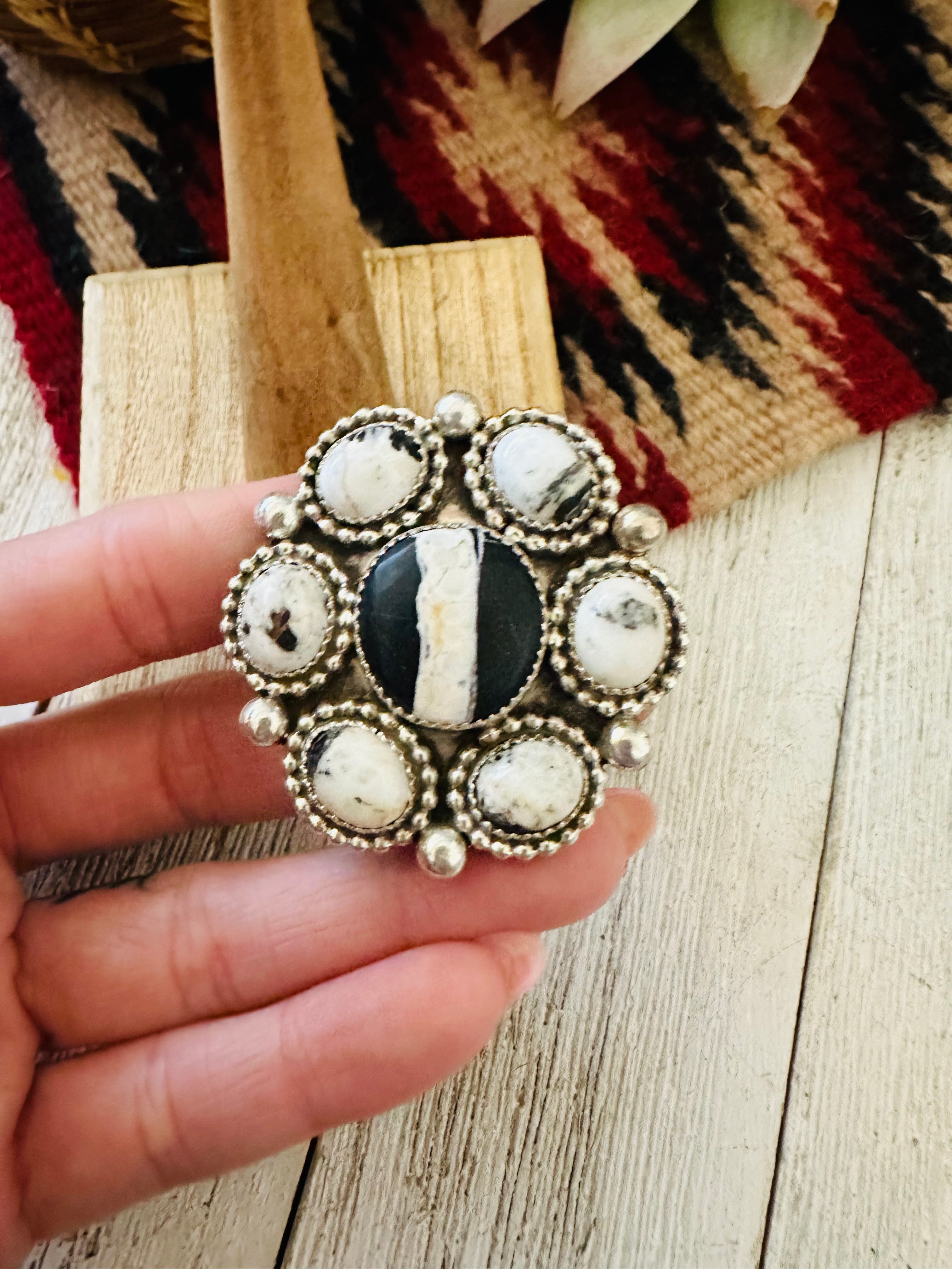 Navajo Sterling Silver And White Buffalo Cluster Adjustable Ring