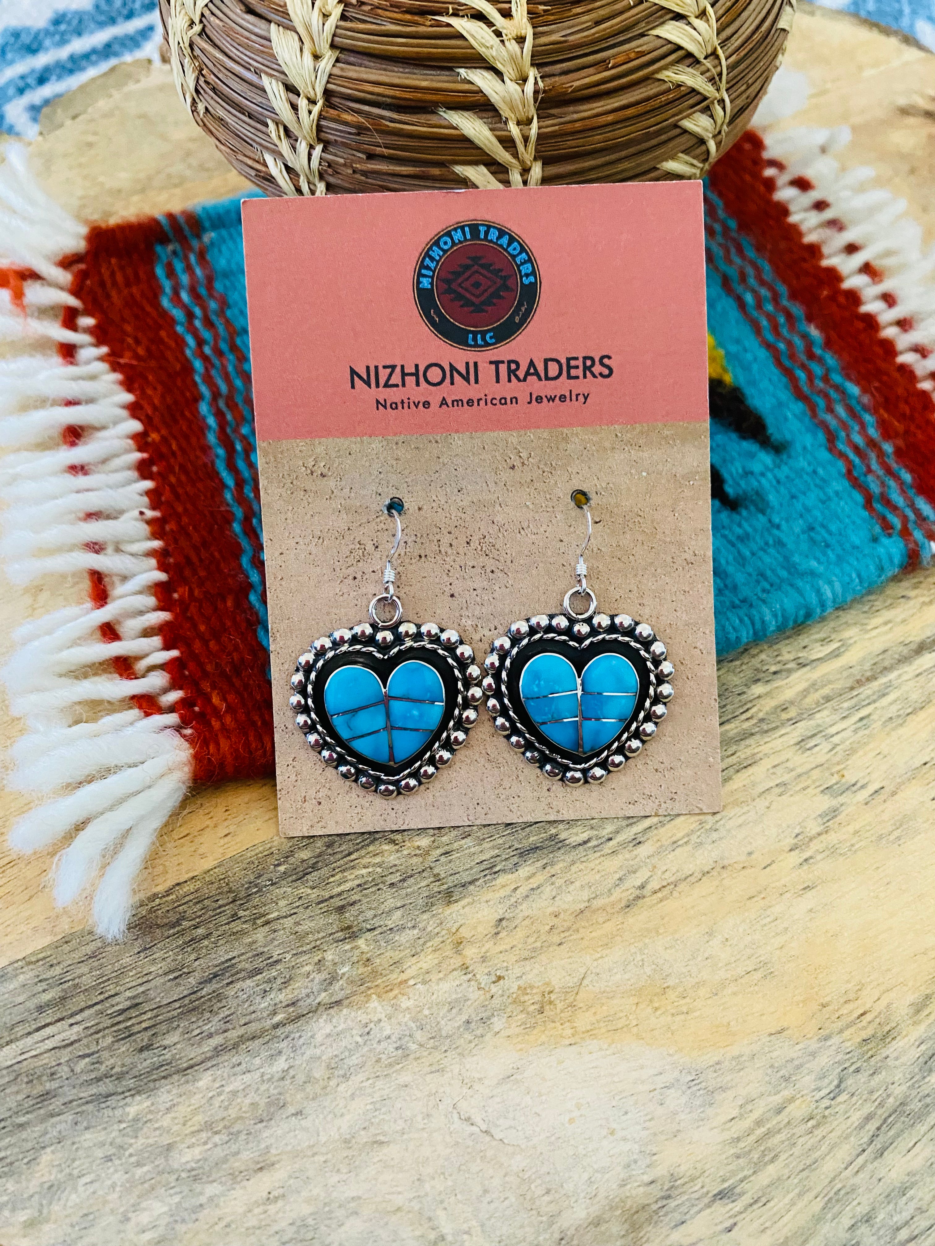 Zuni Sterling Silver & Turquoise Inlay Heart Dangle Earrings