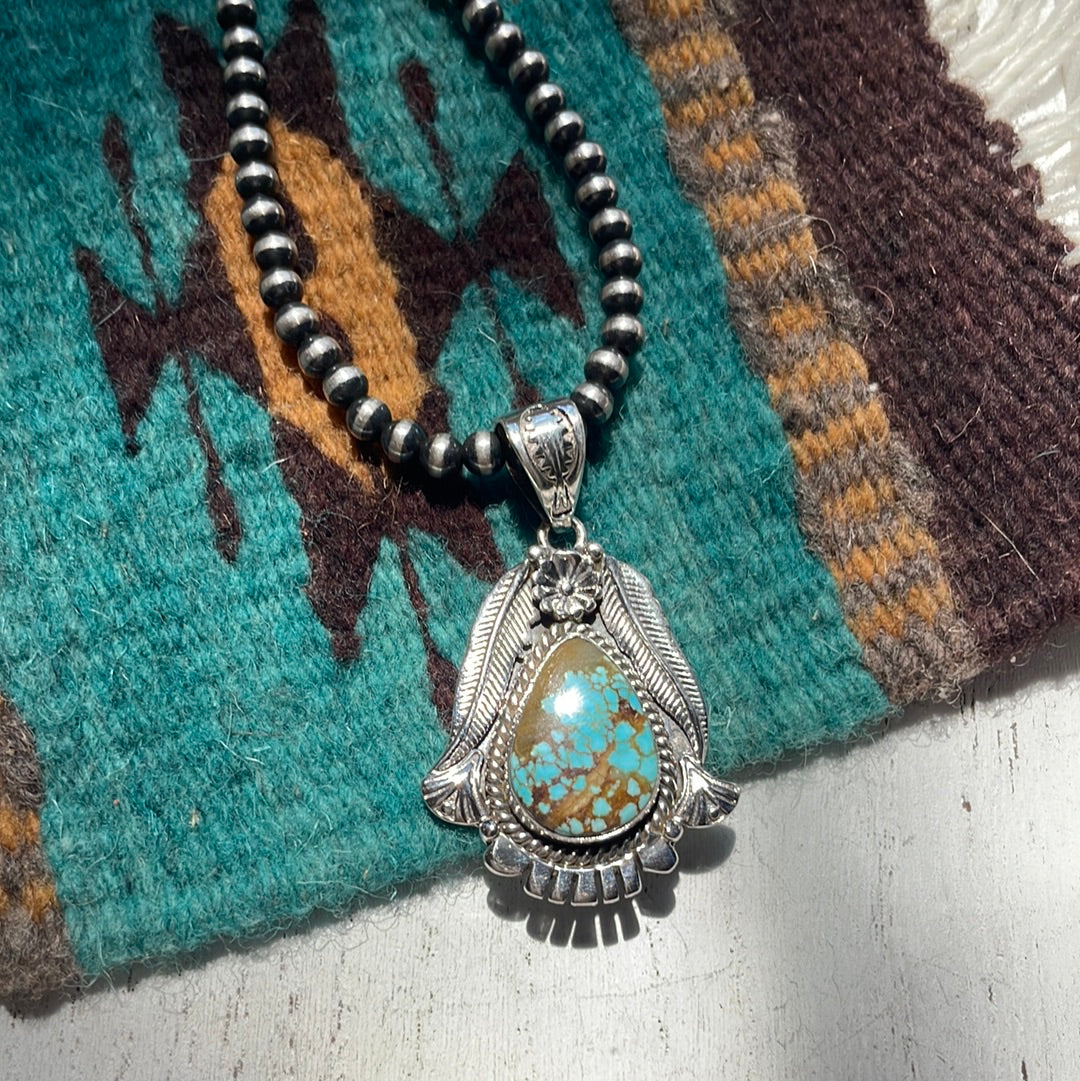 Handmade Sterling Silver & Number 8 Turquoise Pendant Signed Nizhoni