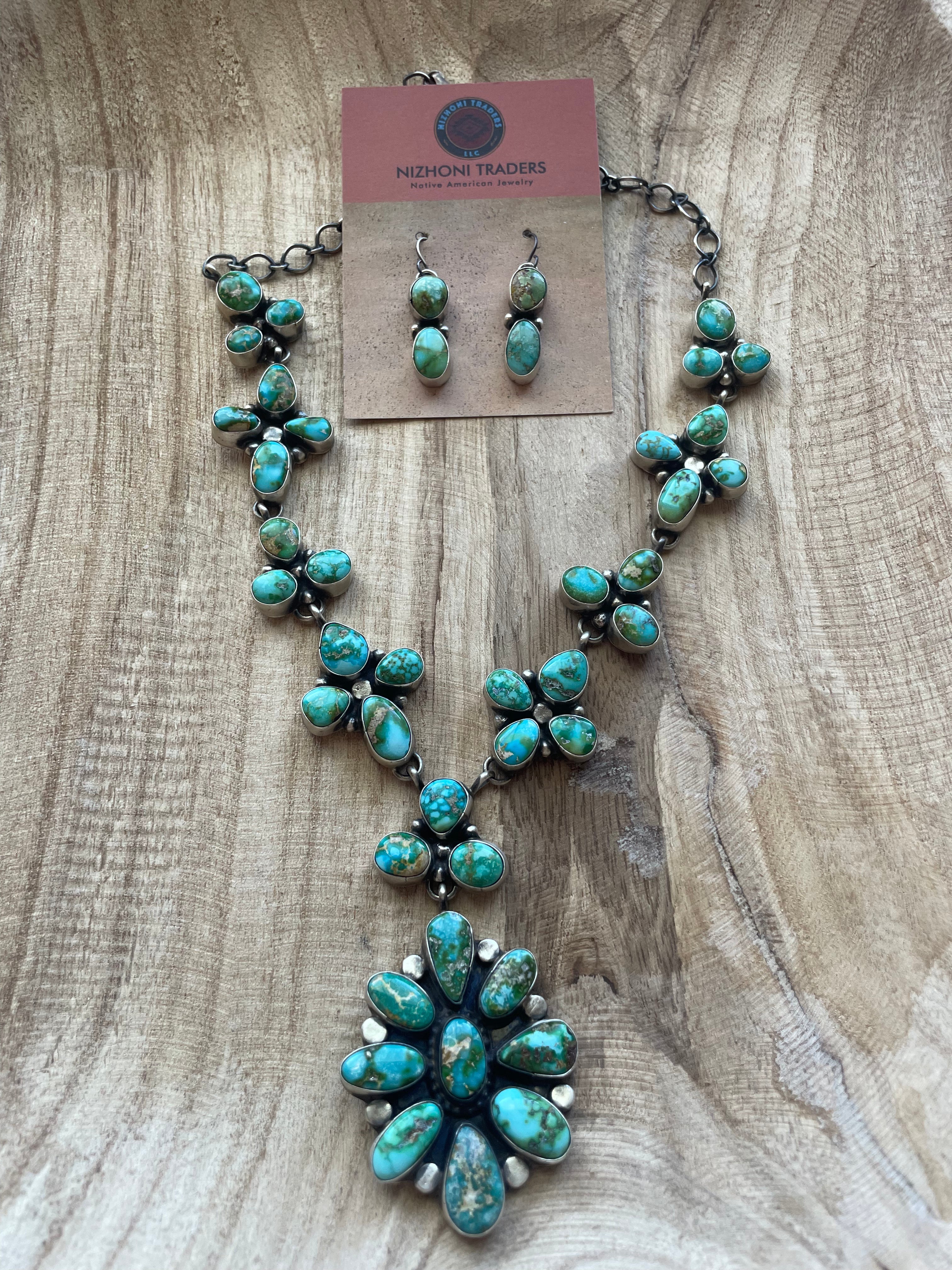 Navajo Sterling Silver Sonoran Mountain Turquoise Necklace & Earring Set By Sheila Becenti