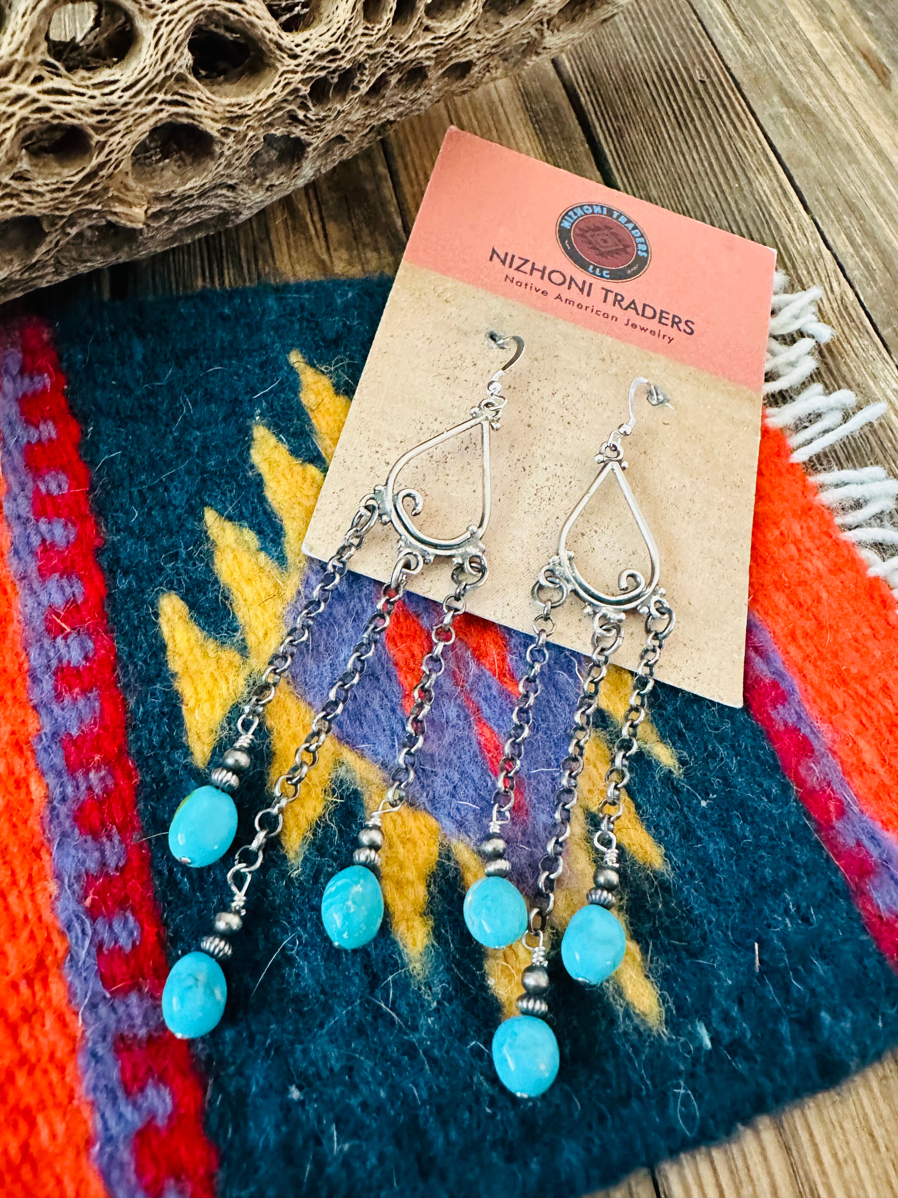 Navajo Sterling Silver & Turquoise Beaded Chain Dangle Earrings