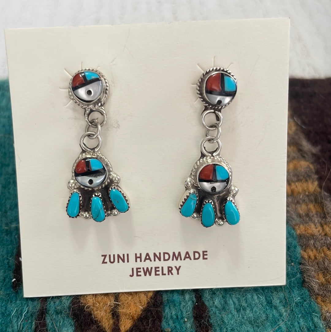 Zuni Inlay Multi Stone & Sterling Silver Dangle Earrings