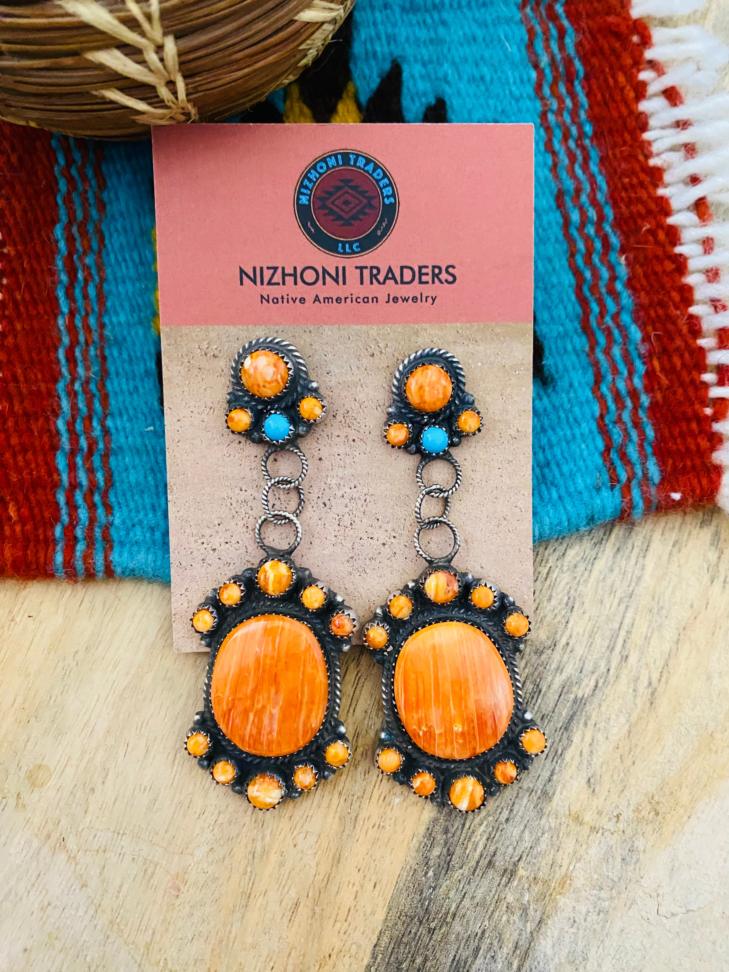 Navajo Sterling Silver, Orange Spiny & Turquoise Dangle Earrings