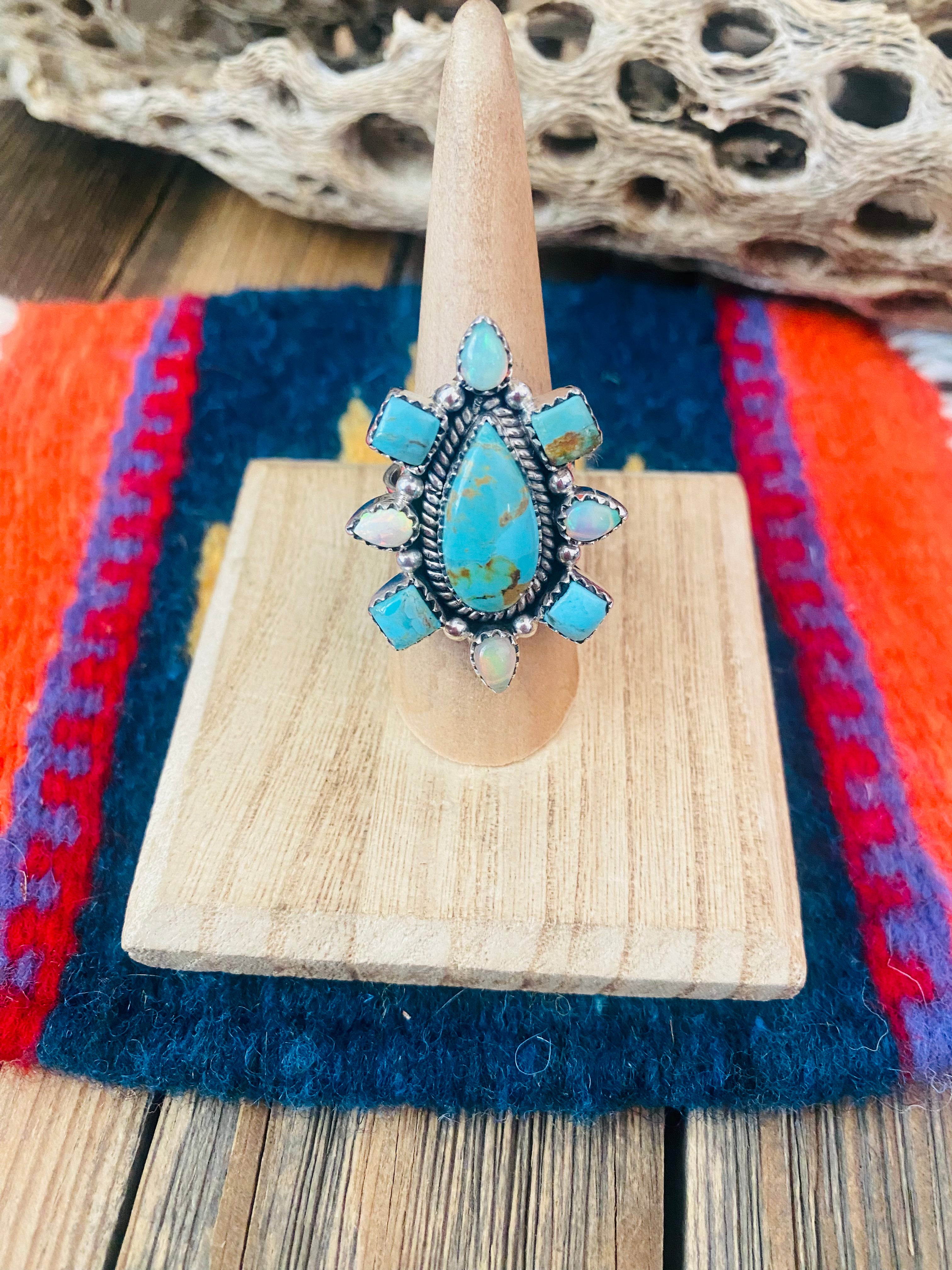 Handmade Sterling Silver, Turquoise & Opal Adjustable Ring