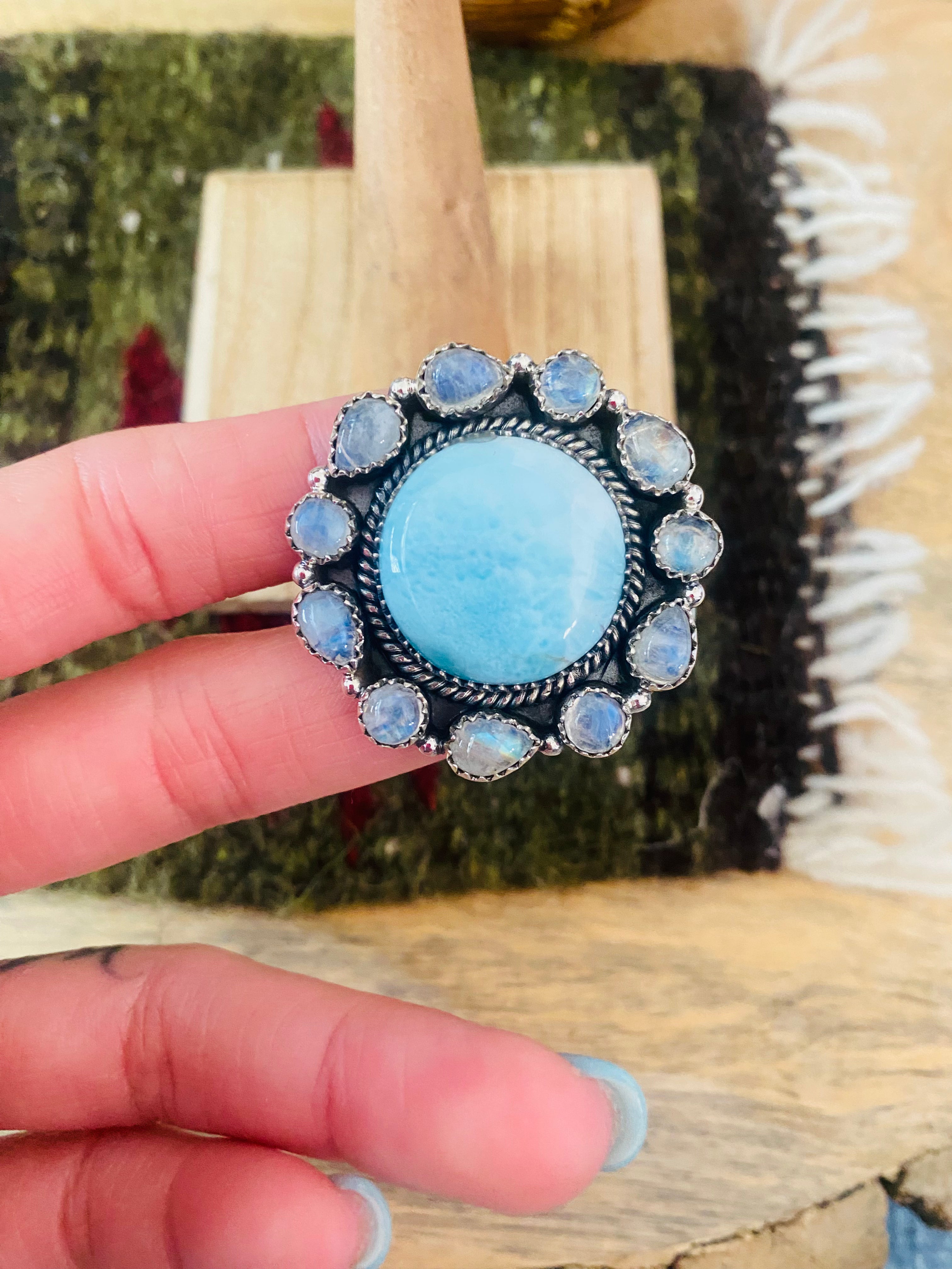 Handmade Sterling Silver, Larimar & Moon Stone Cluster Adjustable Ring