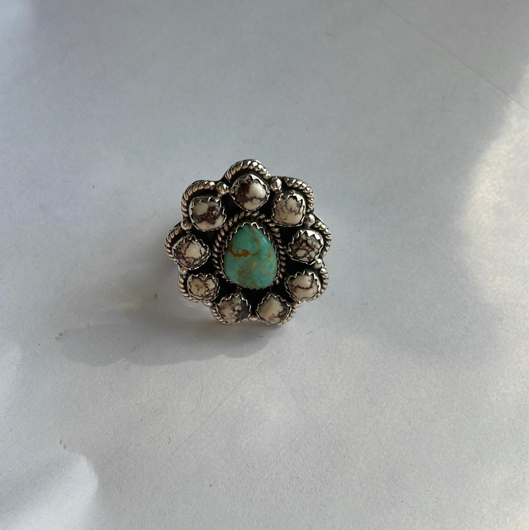 Nizhoni Handmade Turquoise, Wild Horse & Sterling Silver Adjustable Flower Ring