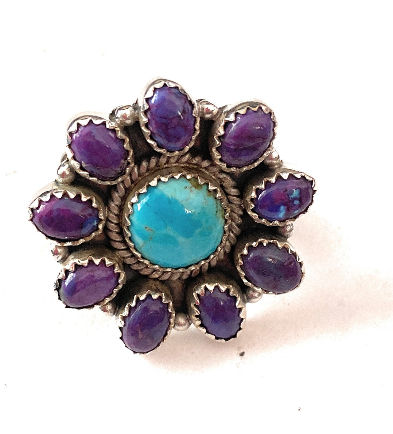 Handmade Sterling Silver, Turquoise & Purple Mojave Cluster Adjustable Ring