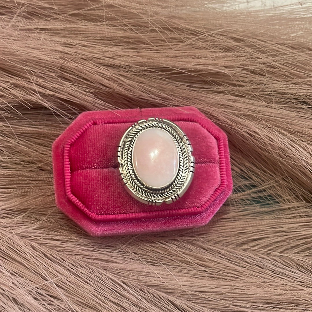 Gorgeous Navajo Pink Peruvian Opal And Sterling Silver Adjustable Ring