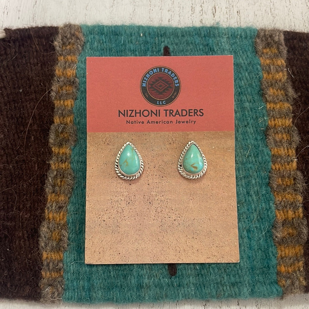 Navajo Sterling Silver &  Turquoise Tear Drop Stud Earrings Signed