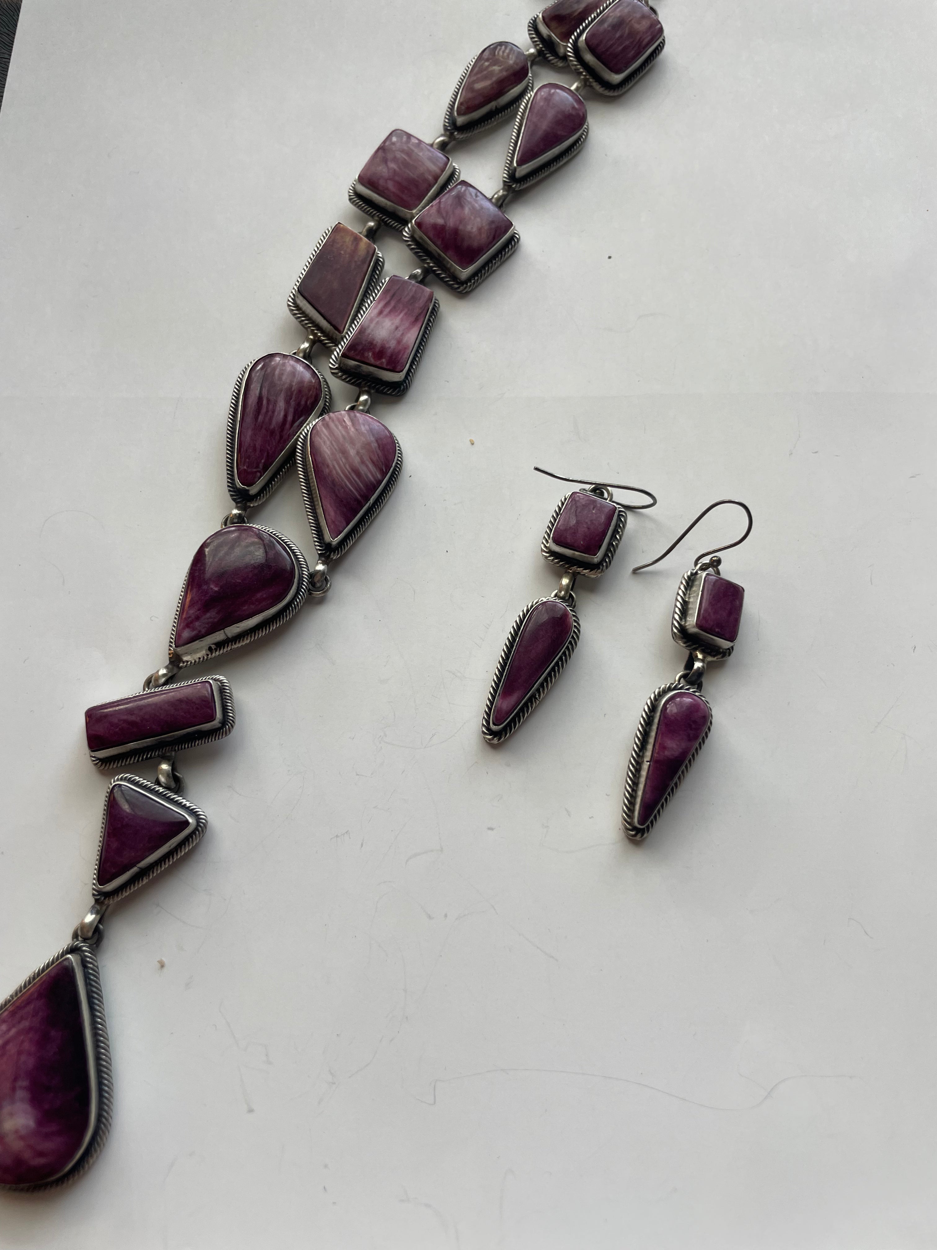 Navajo Purple Spiny And Sterling Silver Necklace & Earrings Signed